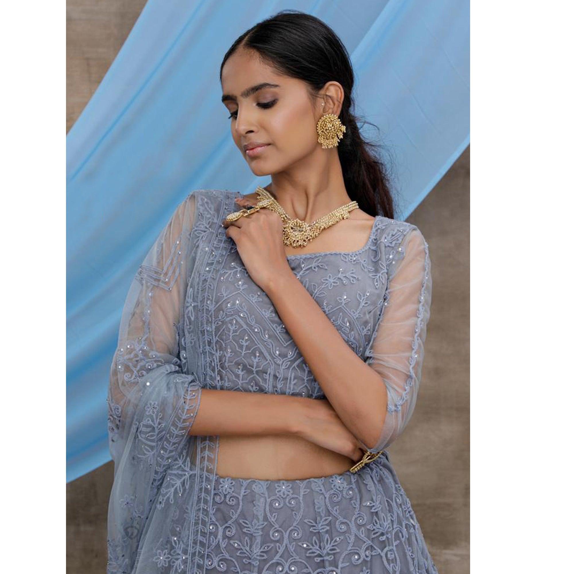 Desirable Grey Colored Party Wear Embroidered Net Lehenga Choli - Peachmode
