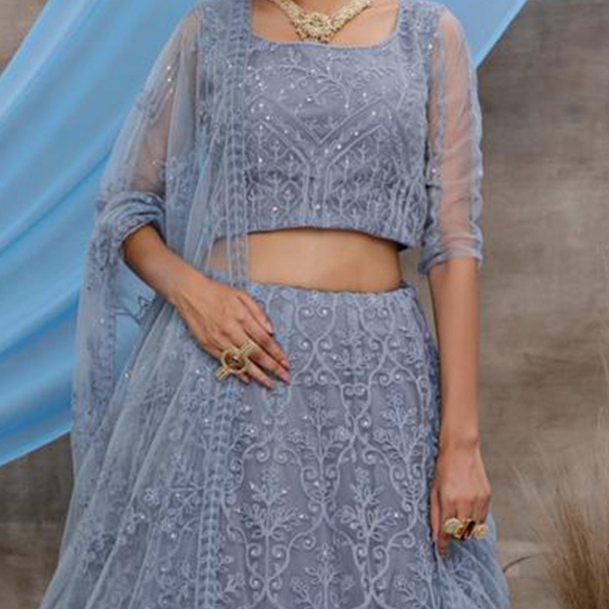Desirable Grey Colored Party Wear Embroidered Net Lehenga Choli - Peachmode