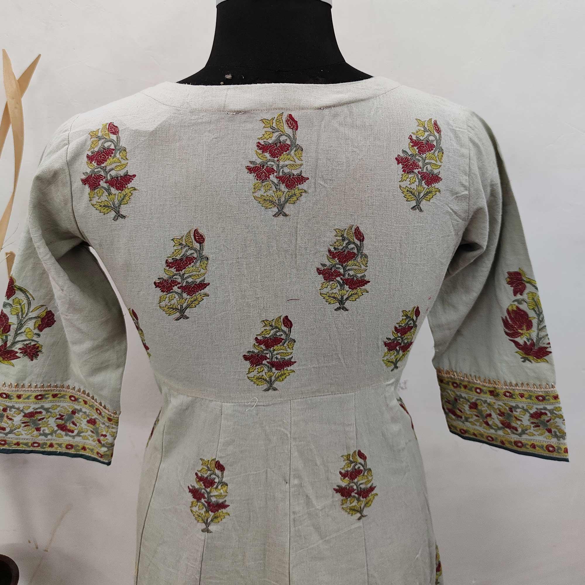 Desirable Grey Colored Party Wear Floral Printed Cotton Anarkali Kurti With Dupatta - Peachmode
