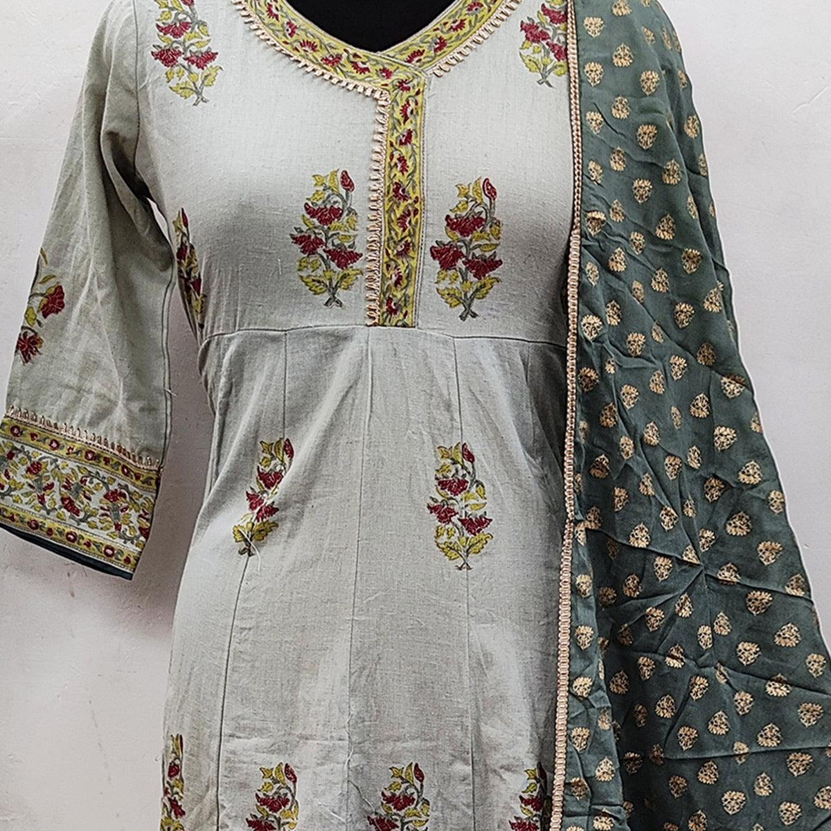 Desirable Grey Colored Party Wear Floral Printed Cotton Anarkali Kurti With Dupatta - Peachmode