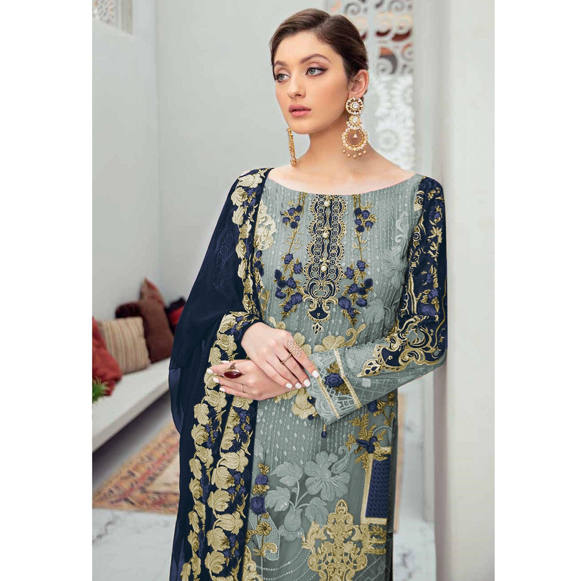 Desirable Grey Colored Partywear Embroidered Net Straight Pakistani Suit - Peachmode