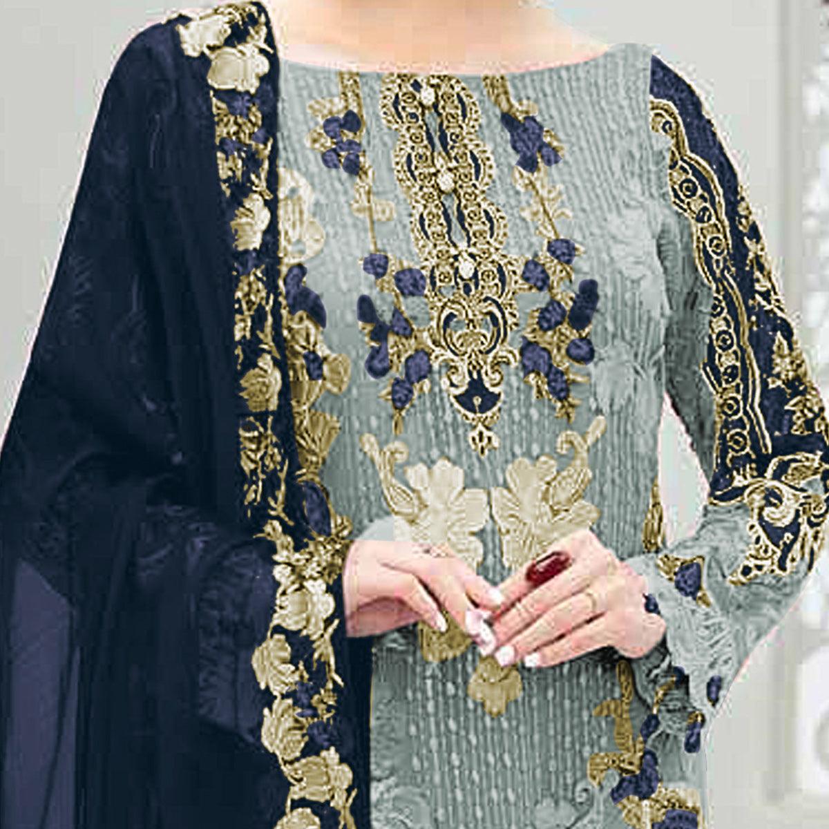 Desirable Grey Colored Partywear Embroidered Net Straight Pakistani Suit - Peachmode