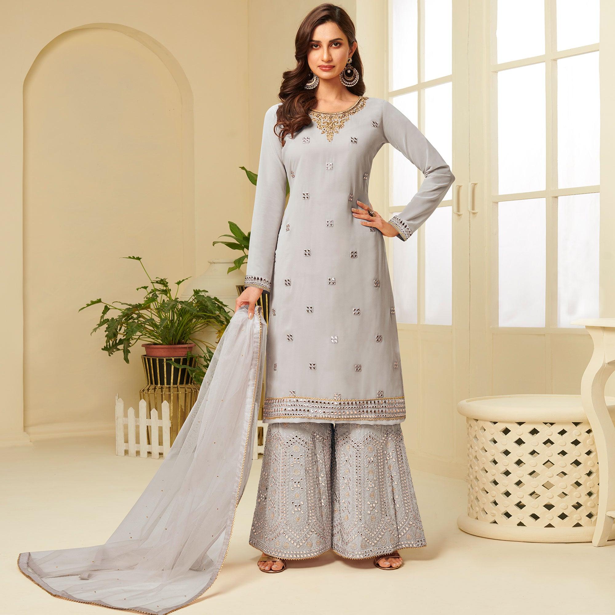Desirable Grey Coloured Partywear Gota Work Georgette Palazzo Suit - Peachmode