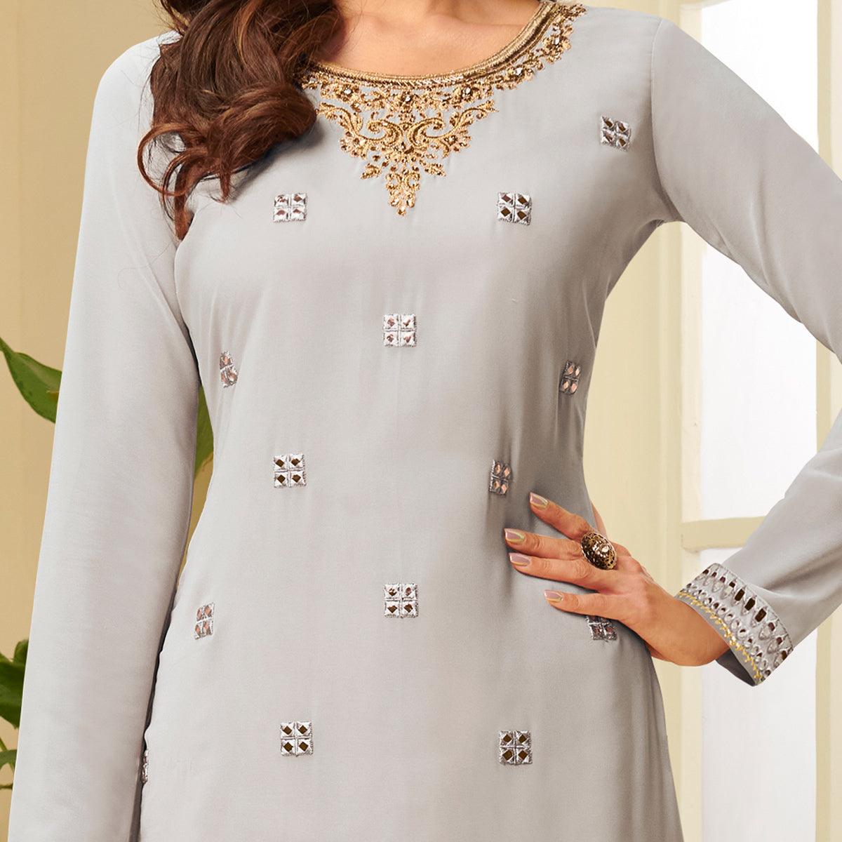 Desirable Grey Coloured Partywear Gota Work Georgette Palazzo Suit - Peachmode