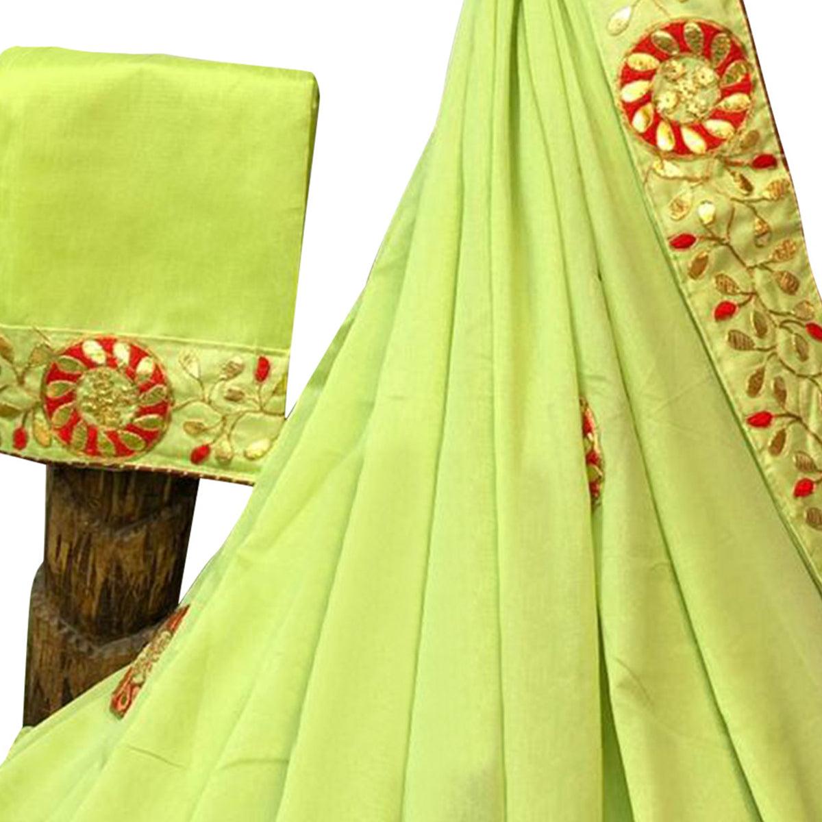 Desirable Lemon Green Colored Partywear Embroidered Art Silk Saree - Peachmode