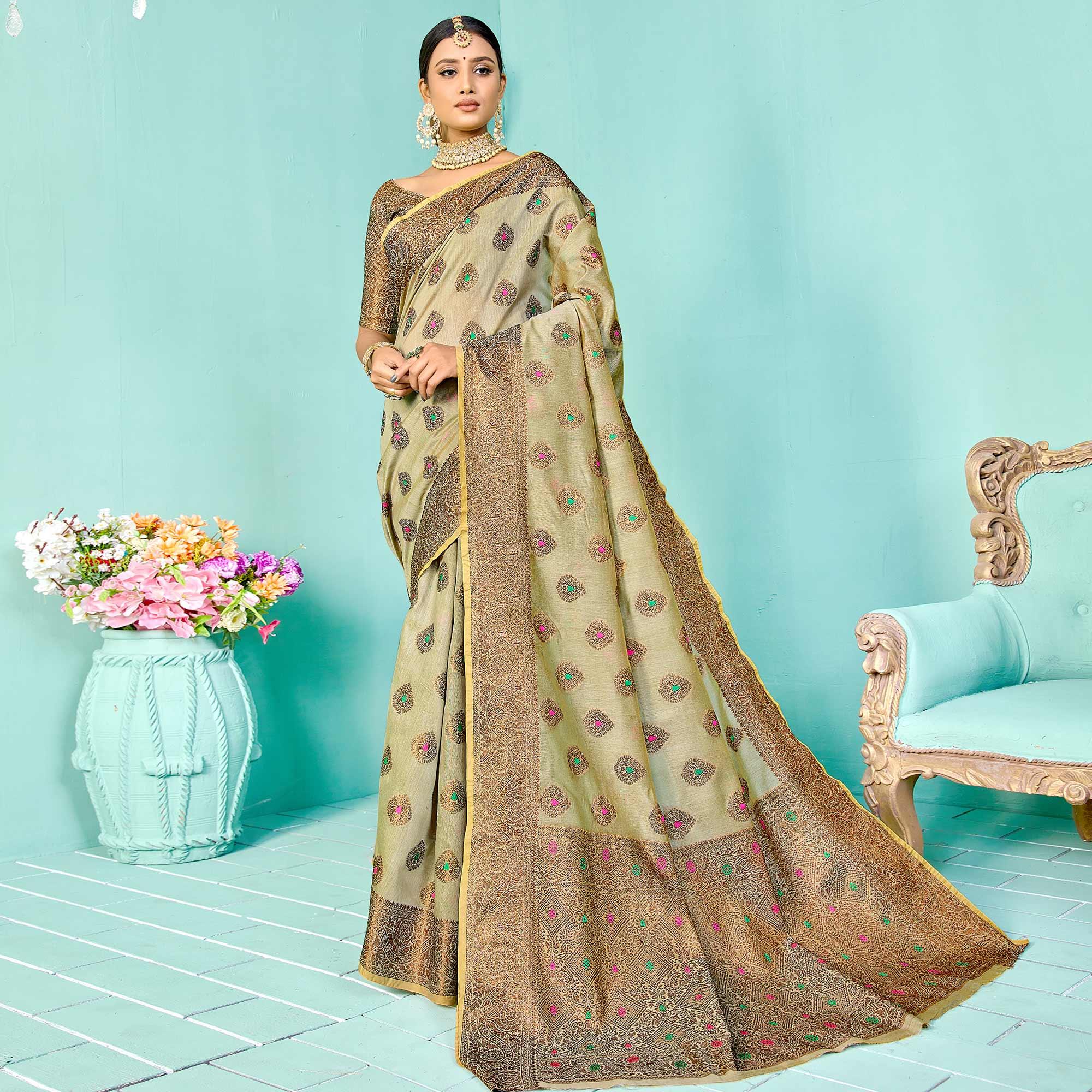 Desirable Light Green Festive Wear Woven Designer Silk Saree - Peachmode