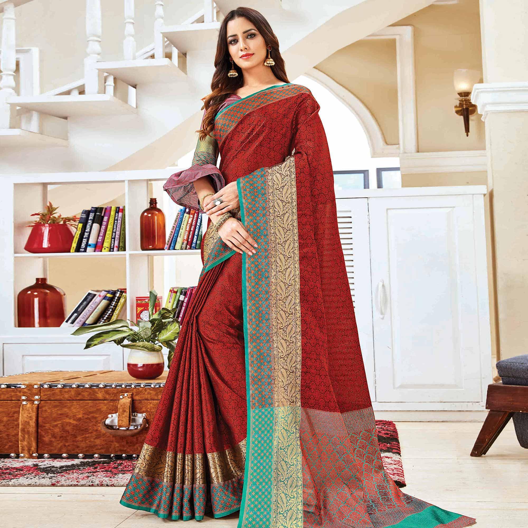 Desirable Maroon Colored Festive Wear Woven Handloom Silk Saree - Peachmode