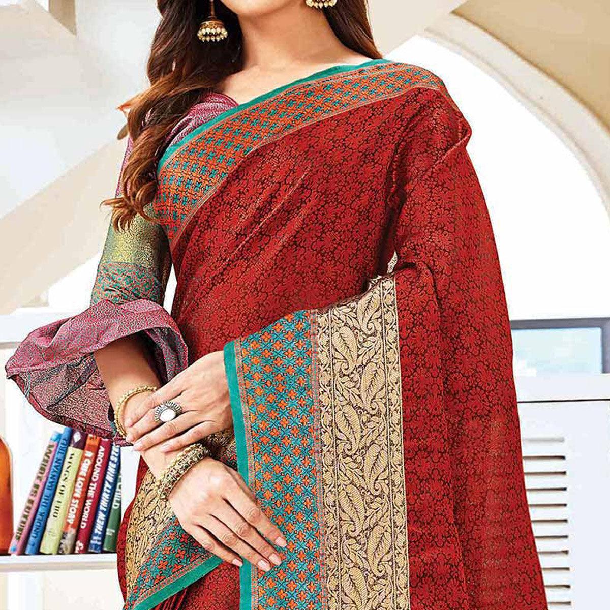 Desirable Maroon Colored Festive Wear Woven Handloom Silk Saree - Peachmode
