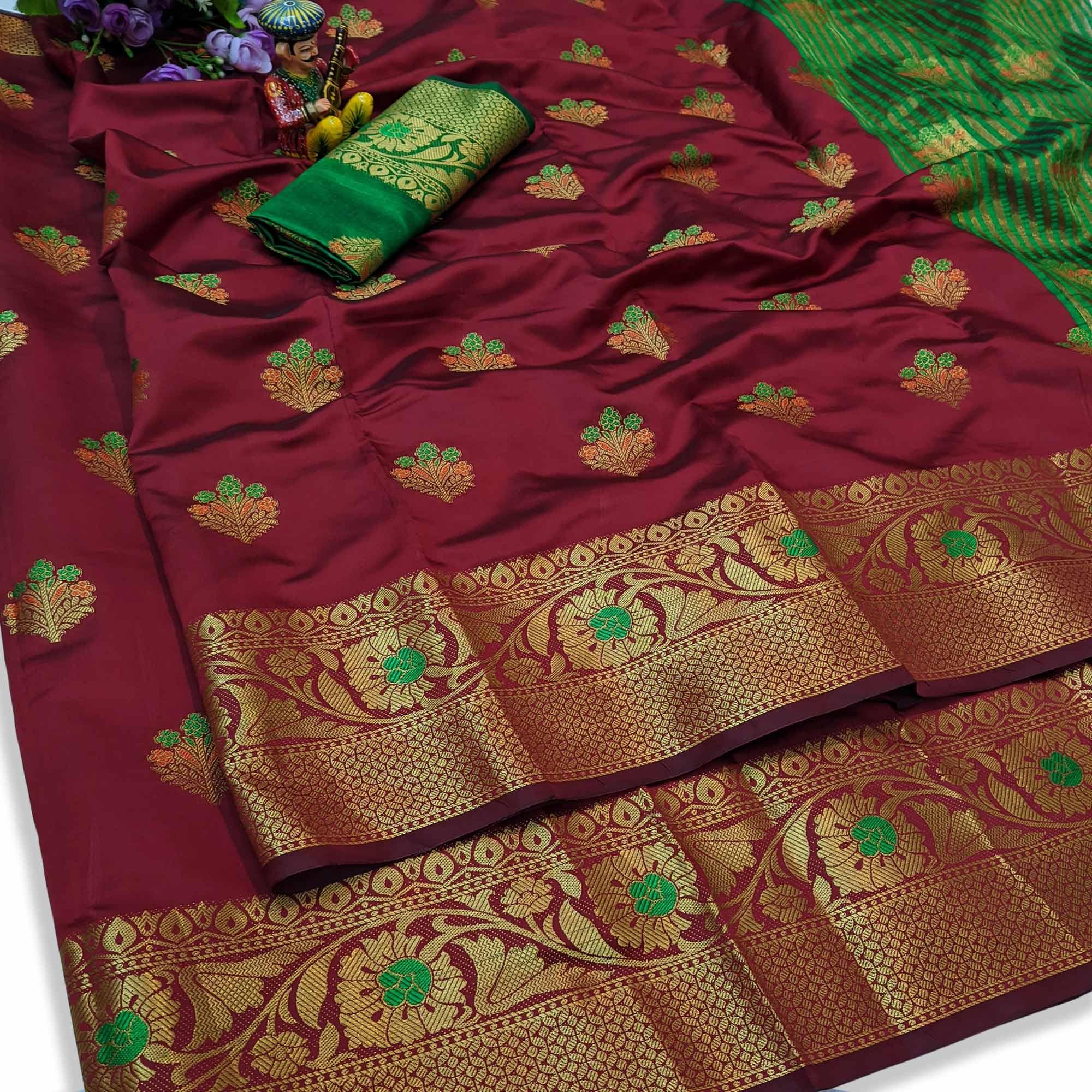 Desirable Maroon Colored Festive Wear Woven Lichi Silk Saree - Peachmode