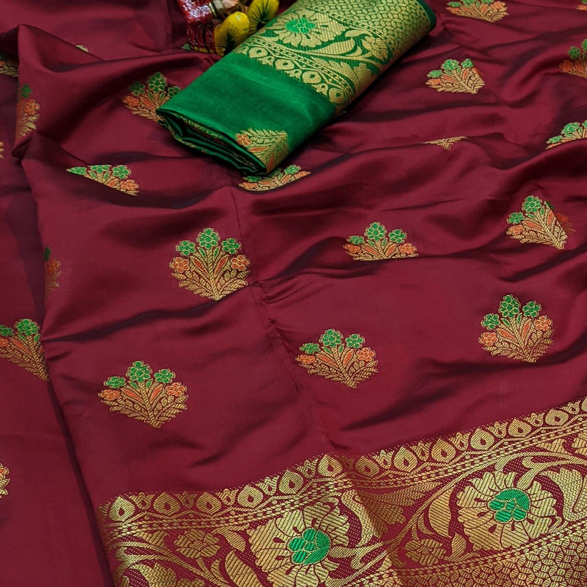 Desirable Maroon Colored Festive Wear Woven Lichi Silk Saree - Peachmode