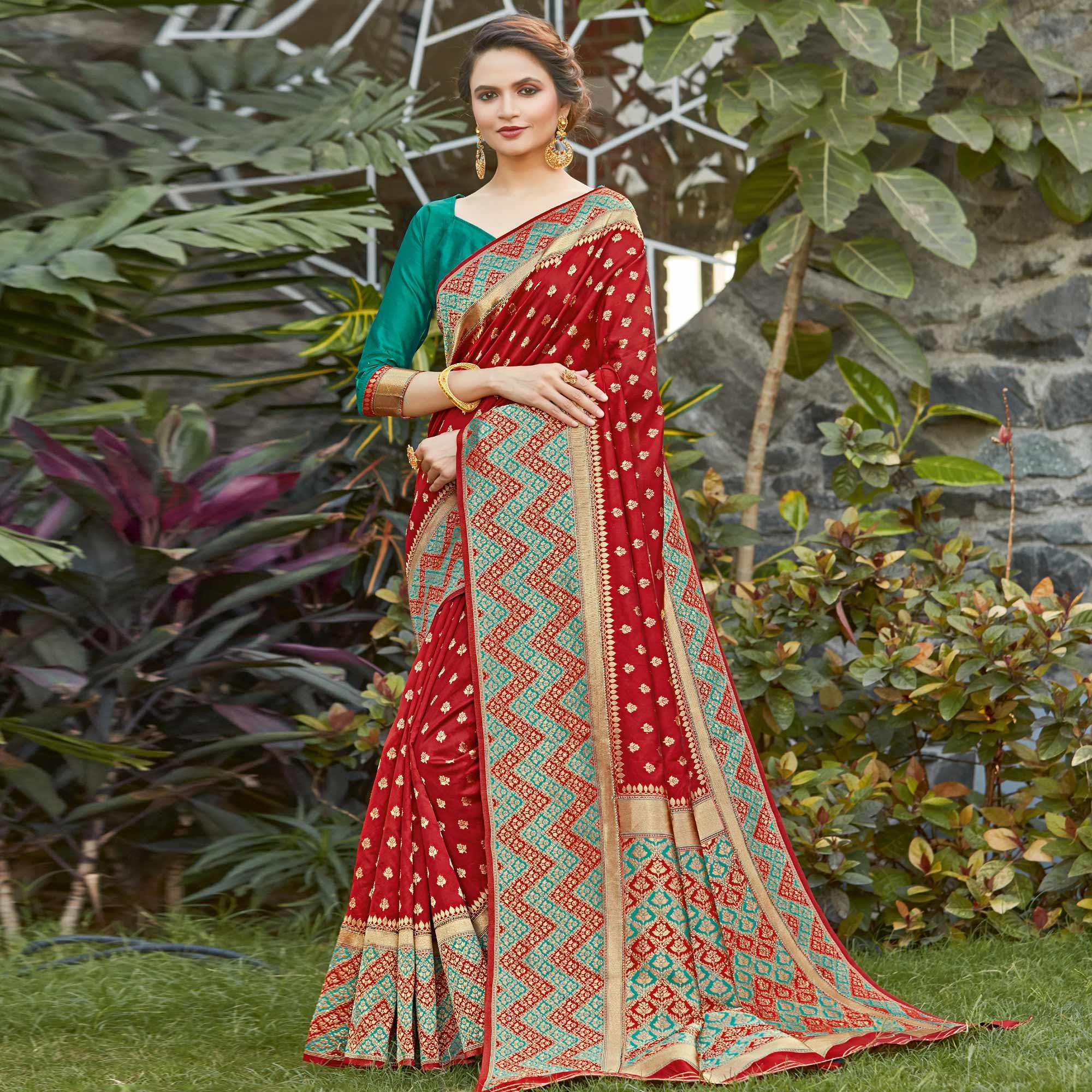 Desirable Maroon Colored Festive Wear Woven Silk Saree - Peachmode