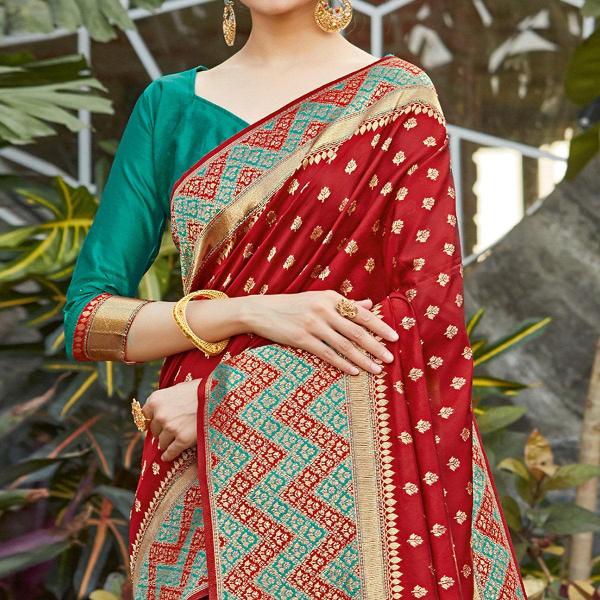 Desirable Maroon Colored Festive Wear Woven Silk Saree - Peachmode