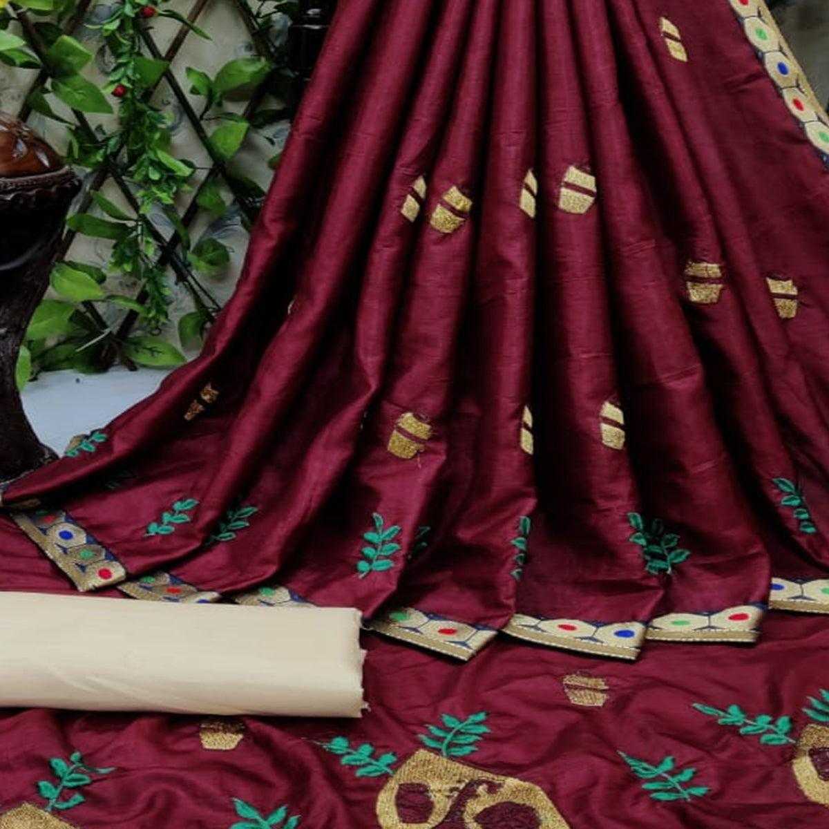 Desirable Maroon Coloured Partywear Embroidered Dola Silk Saree - Peachmode