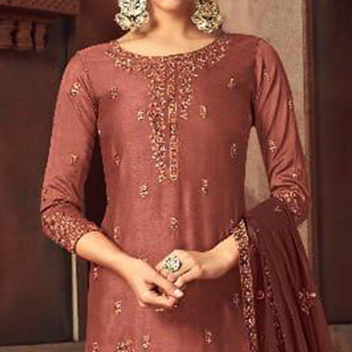 Desirable Muave Colored Party Wear Embroidered Silk Palazzo Suit - Peachmode