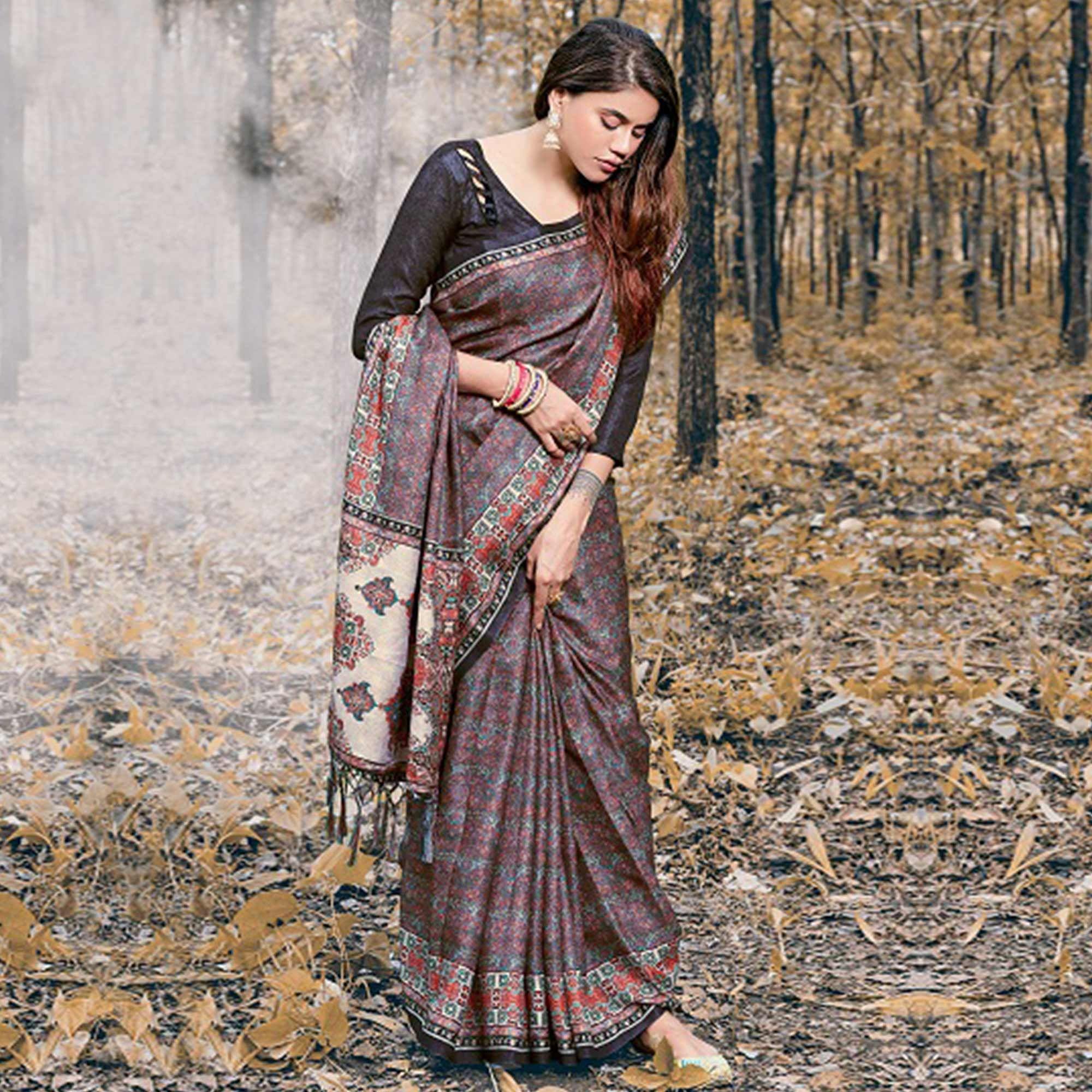 Desirable Multi Colored Festive Wear Printed Art Silk Saree - Peachmode