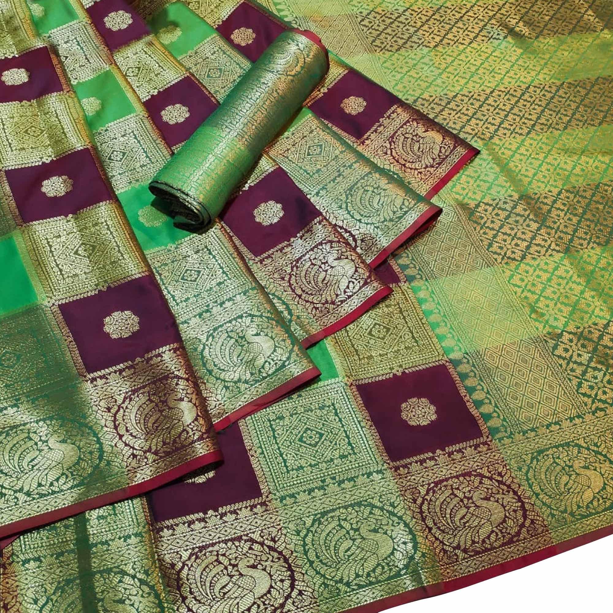Desirable Multi-Green Colored Festive Wear Woven Silk Saree - Peachmode