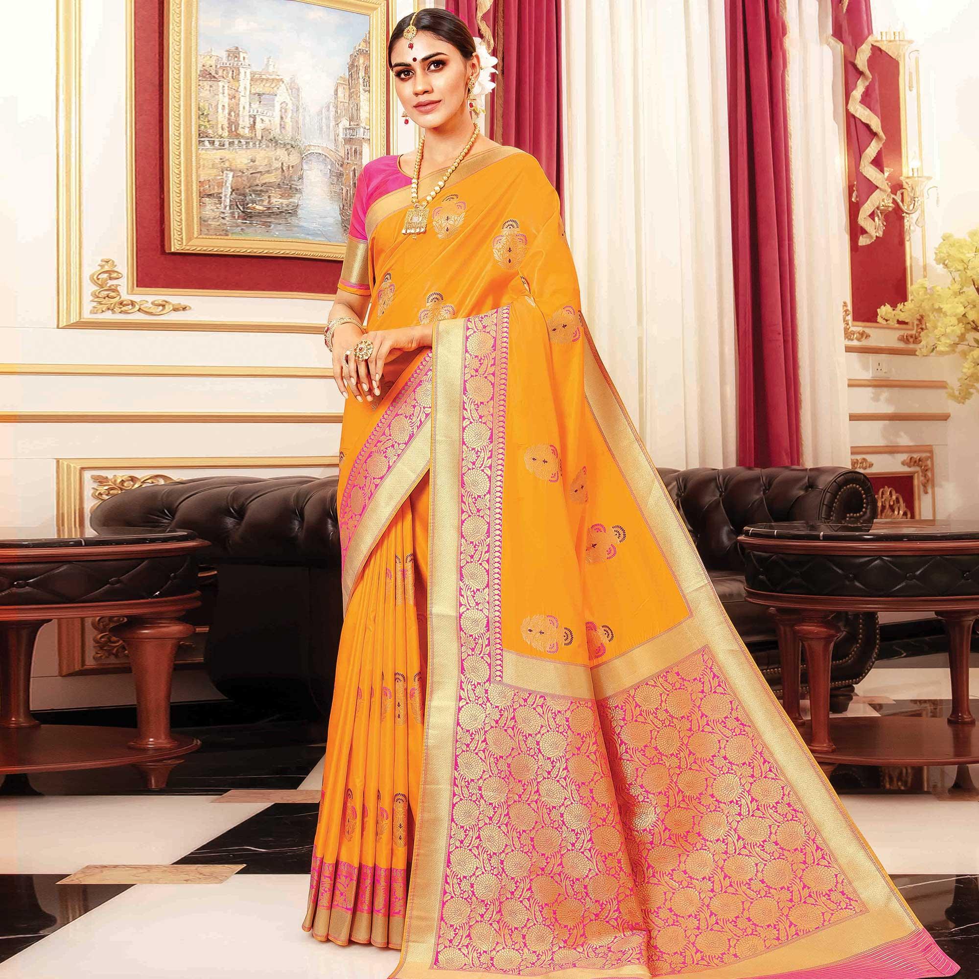 Desirable Mustard Yellow Colored Festive Wear Woven Banarasi Silk Saree - Peachmode