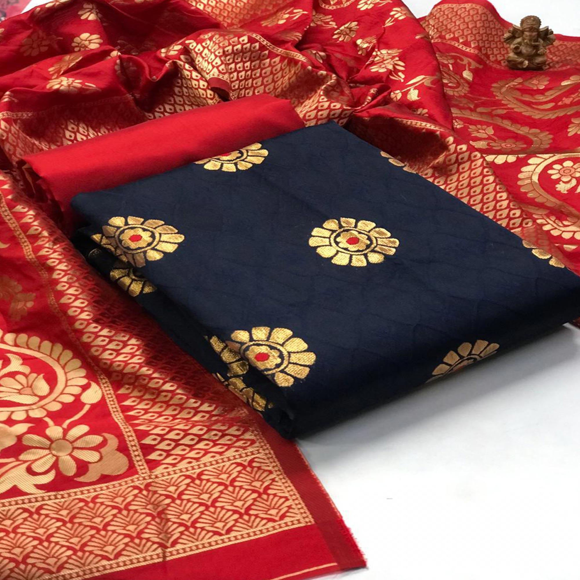Desirable Navy Blue Colored Festive Wear Woven Banarasi Silk Dress Material - Peachmode