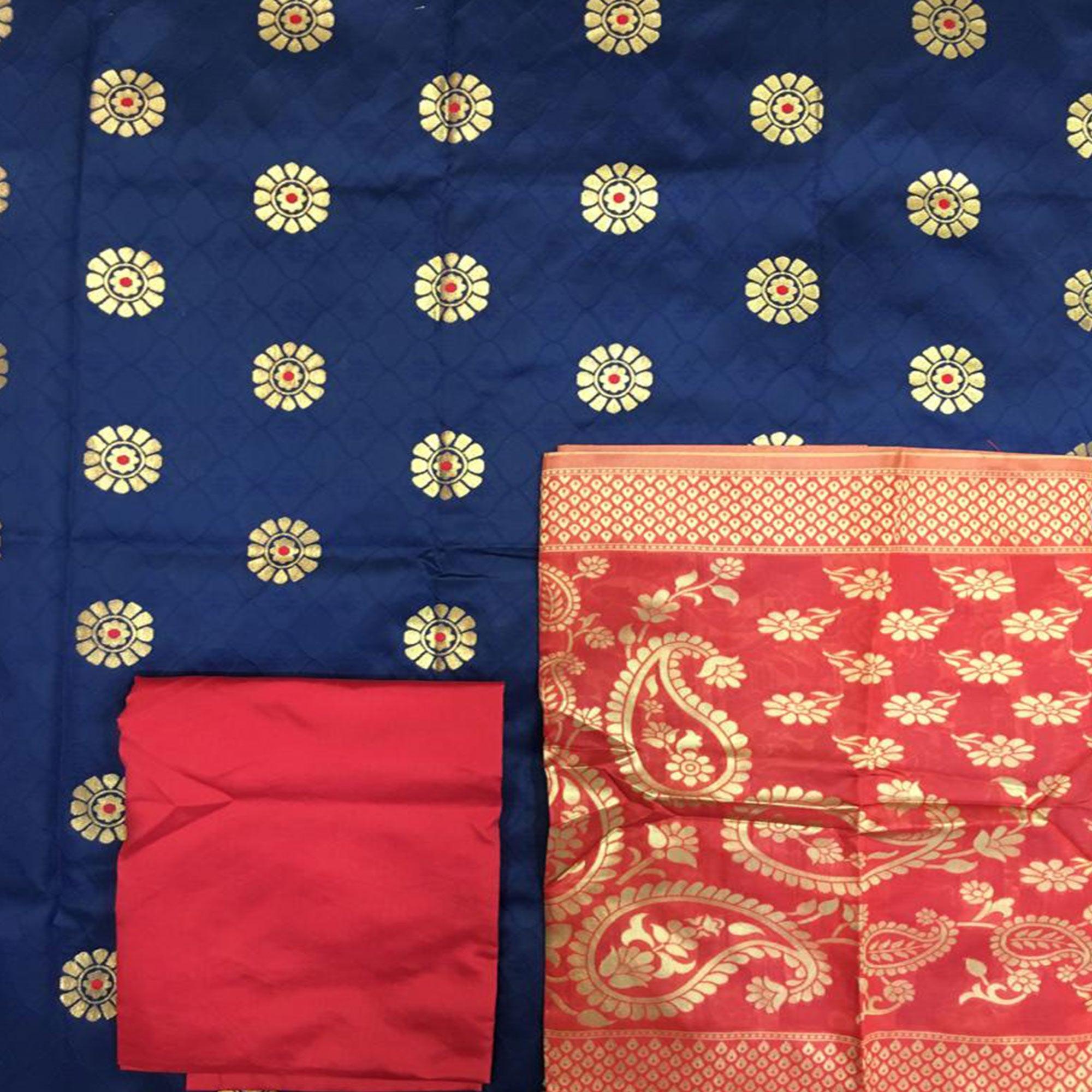 Desirable Navy Blue Colored Festive Wear Woven Banarasi Silk Dress Material - Peachmode