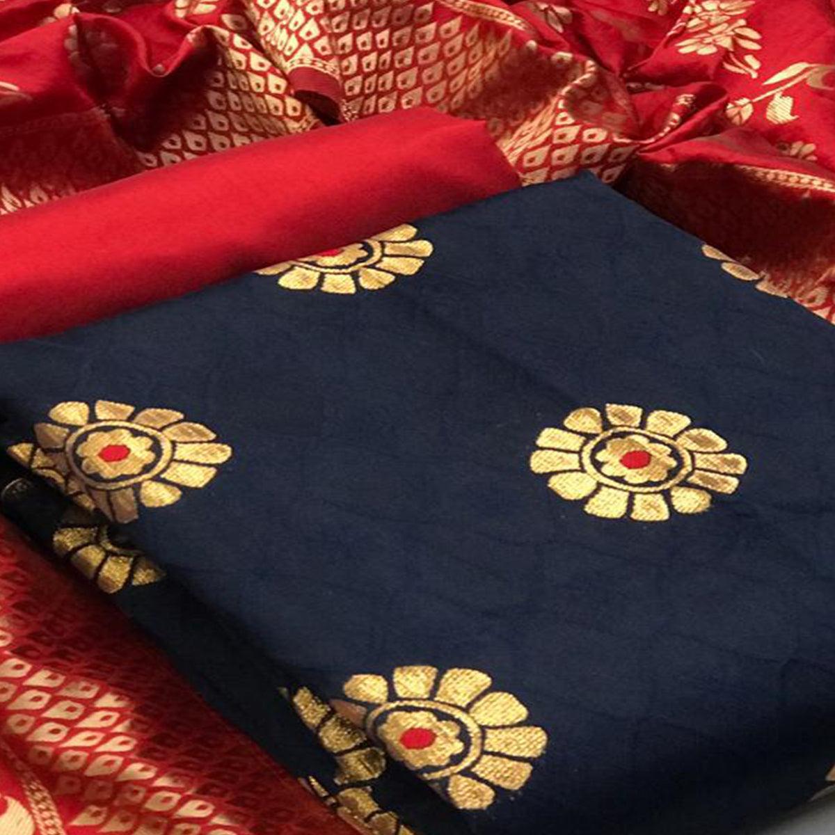 Desirable Navy Blue Colored Festive Wear Woven Banarasi Silk Dress Material - Peachmode