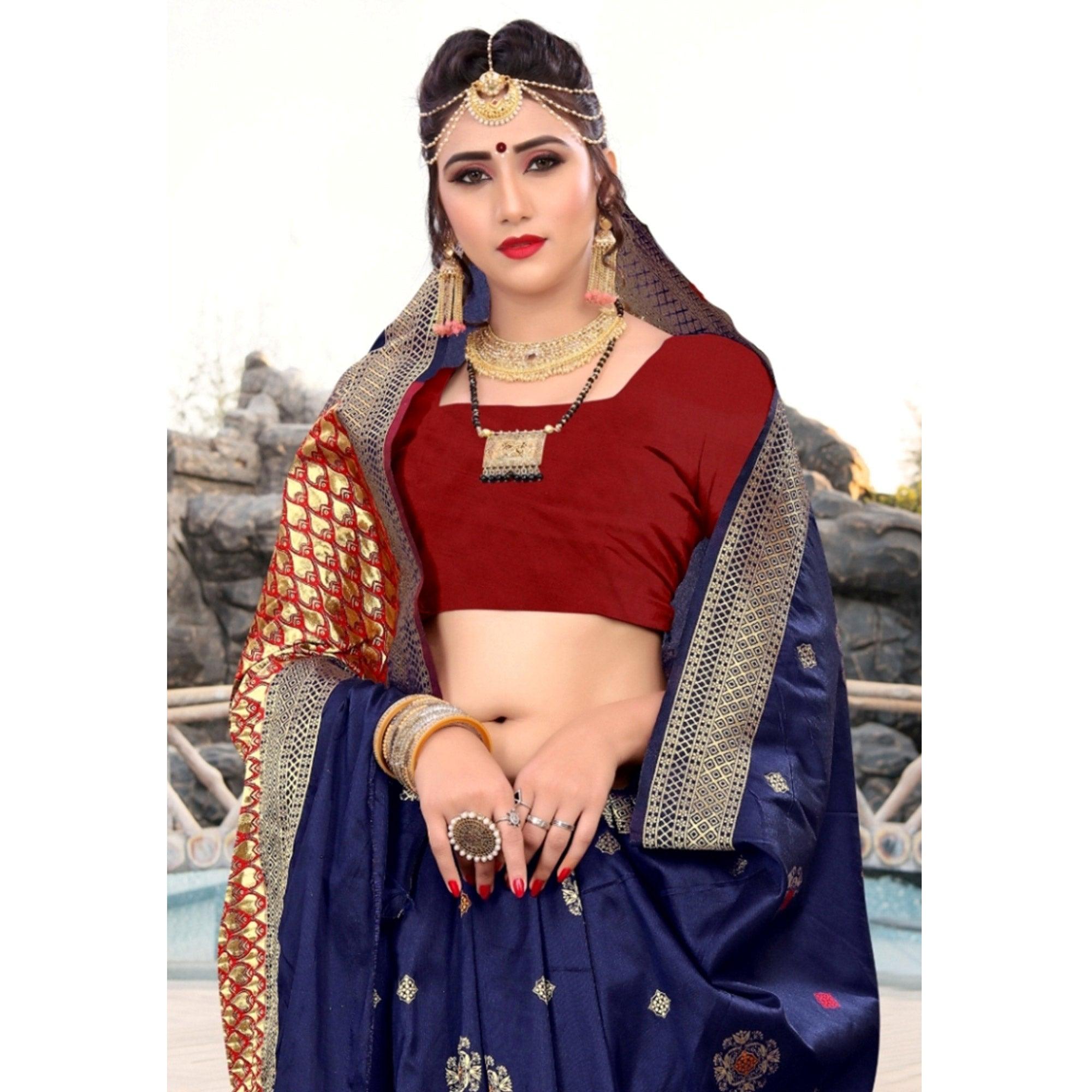 Desirable Navy Blue Colored Festive Wear Woven Lichi Silk Saree - Peachmode
