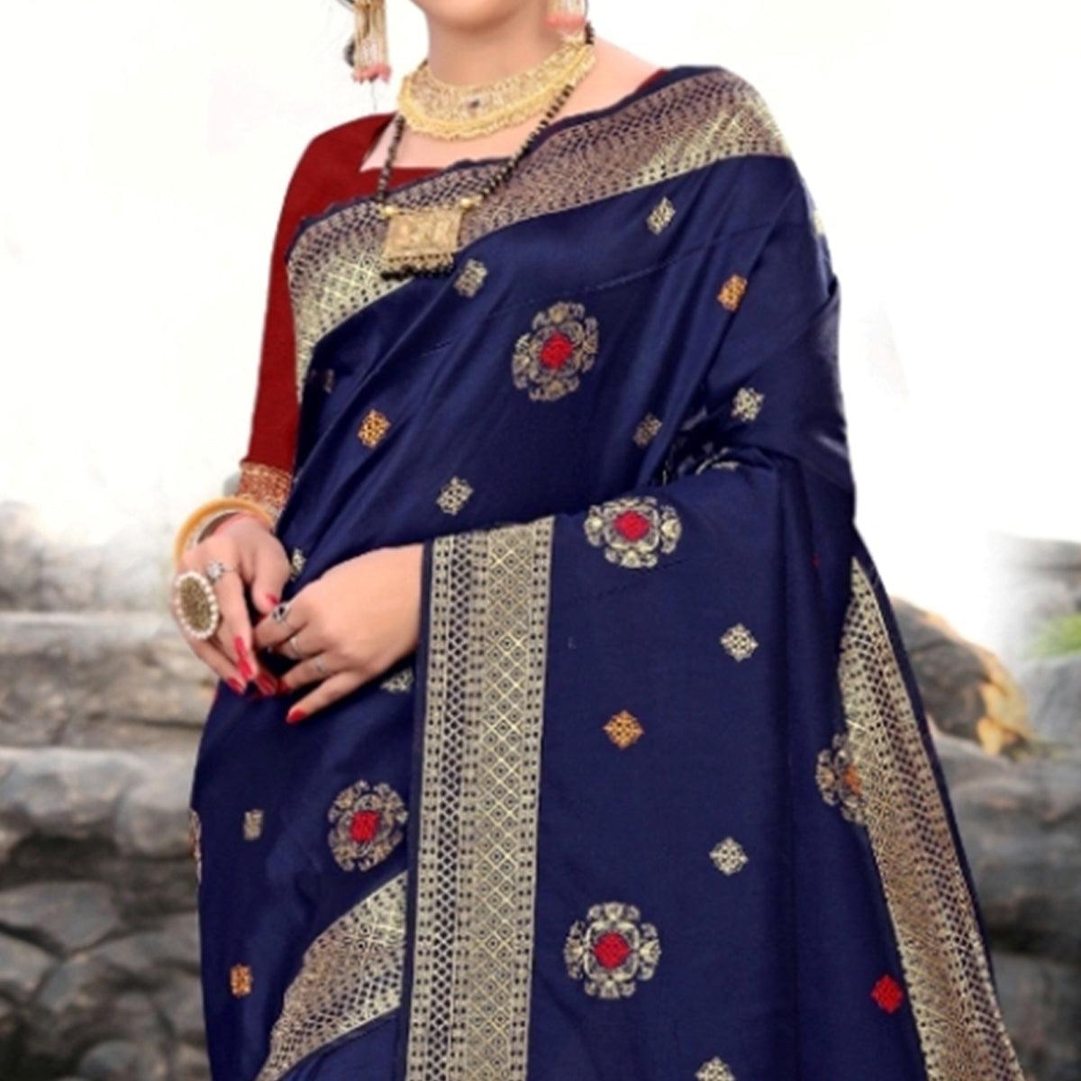Desirable Navy Blue Colored Festive Wear Woven Lichi Silk Saree - Peachmode