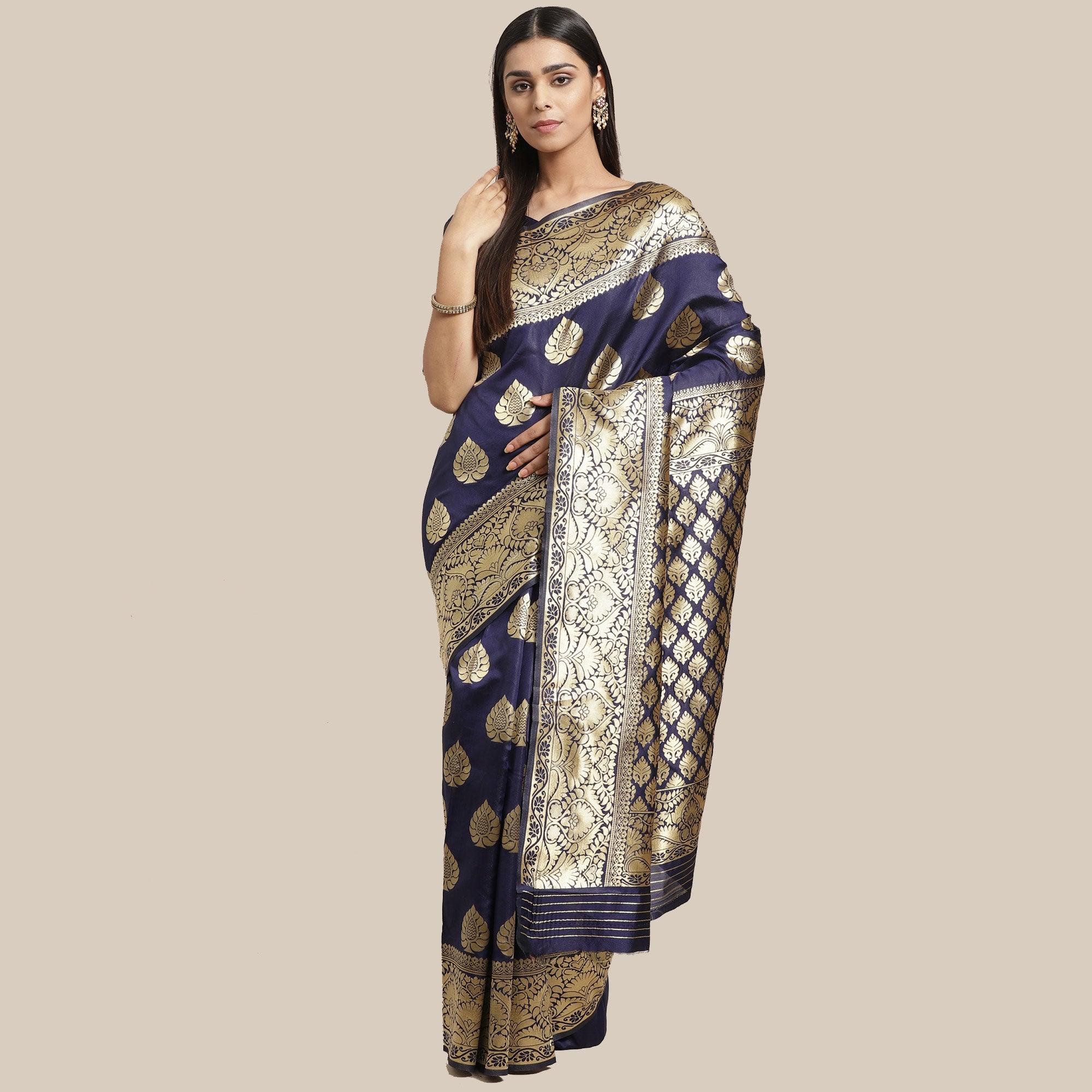Desirable Navy Blue Colored Festive Wear Woven Silk Blend Saree - Peachmode