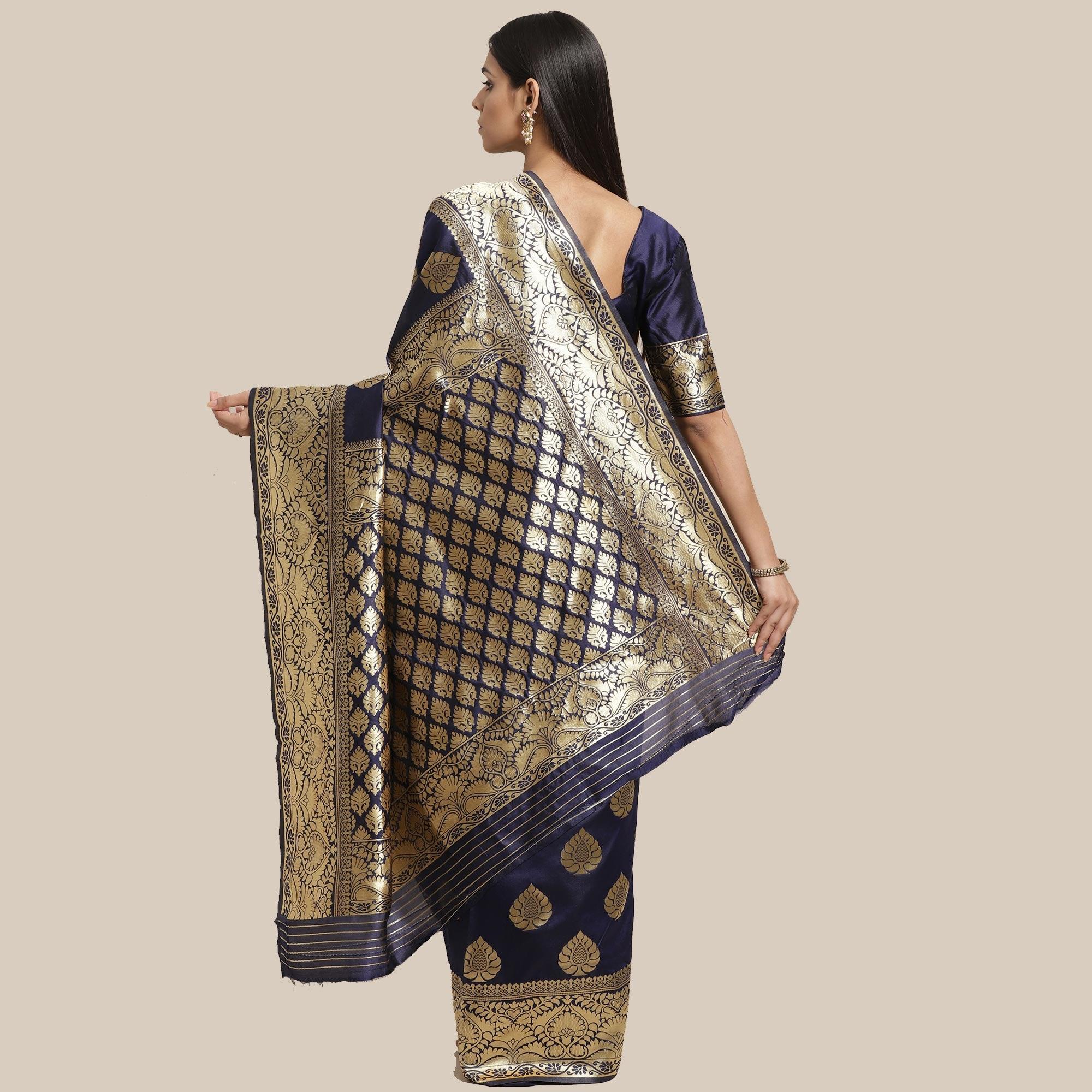Desirable Navy Blue Colored Festive Wear Woven Silk Blend Saree - Peachmode