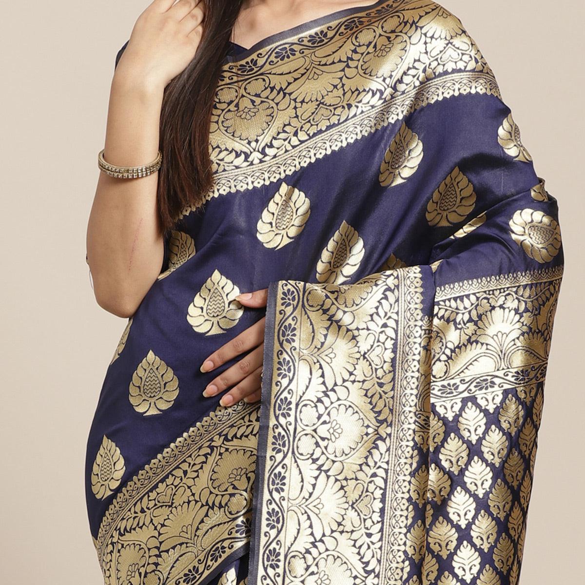 Desirable Navy Blue Colored Festive Wear Woven Silk Blend Saree - Peachmode