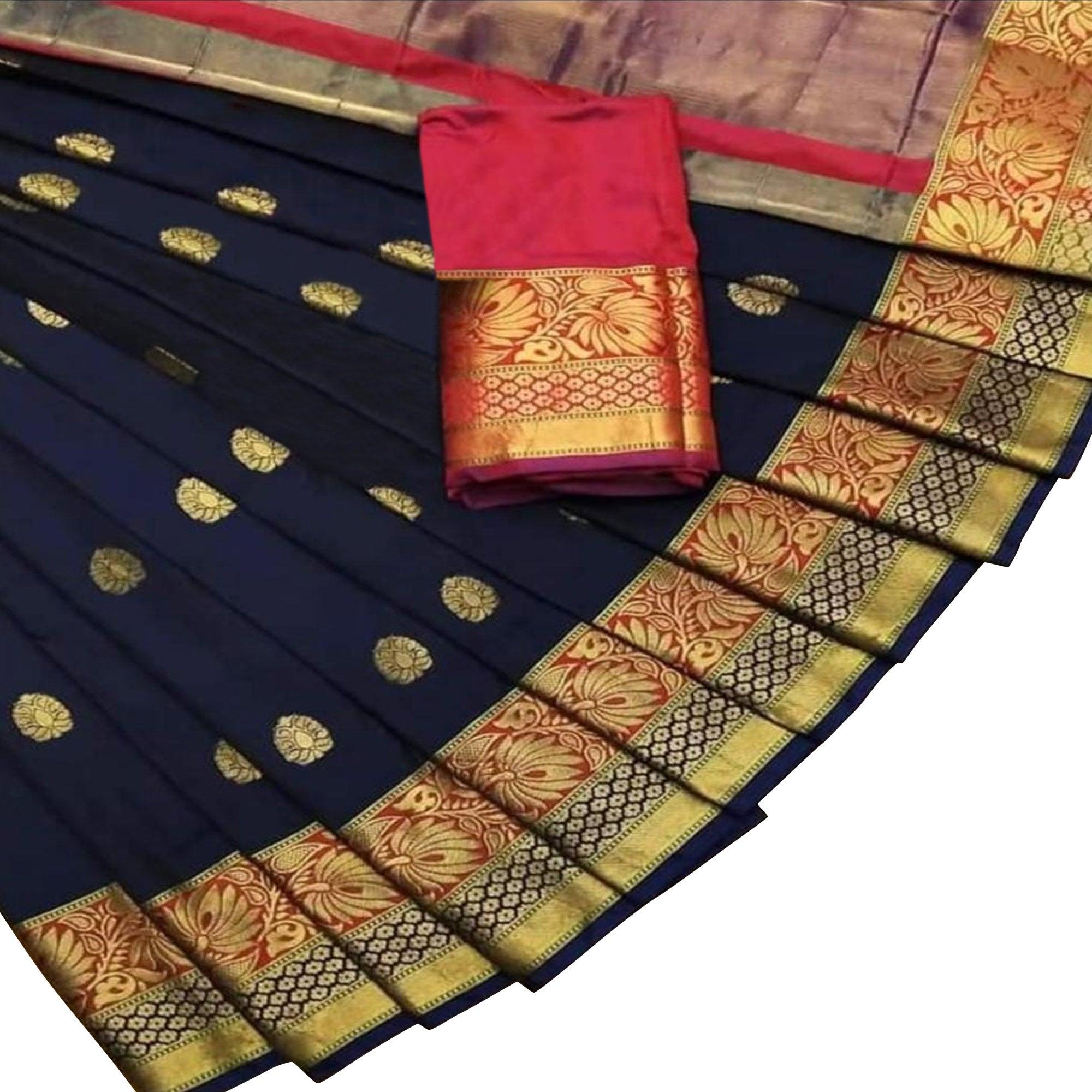 Desirable Navy Blue Colored Festive Wear Woven Silk Saree - Peachmode