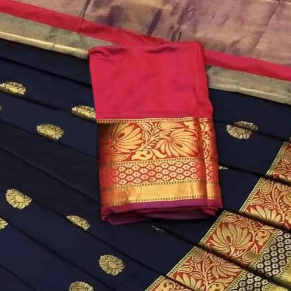 Desirable Navy Blue Colored Festive Wear Woven Silk Saree - Peachmode