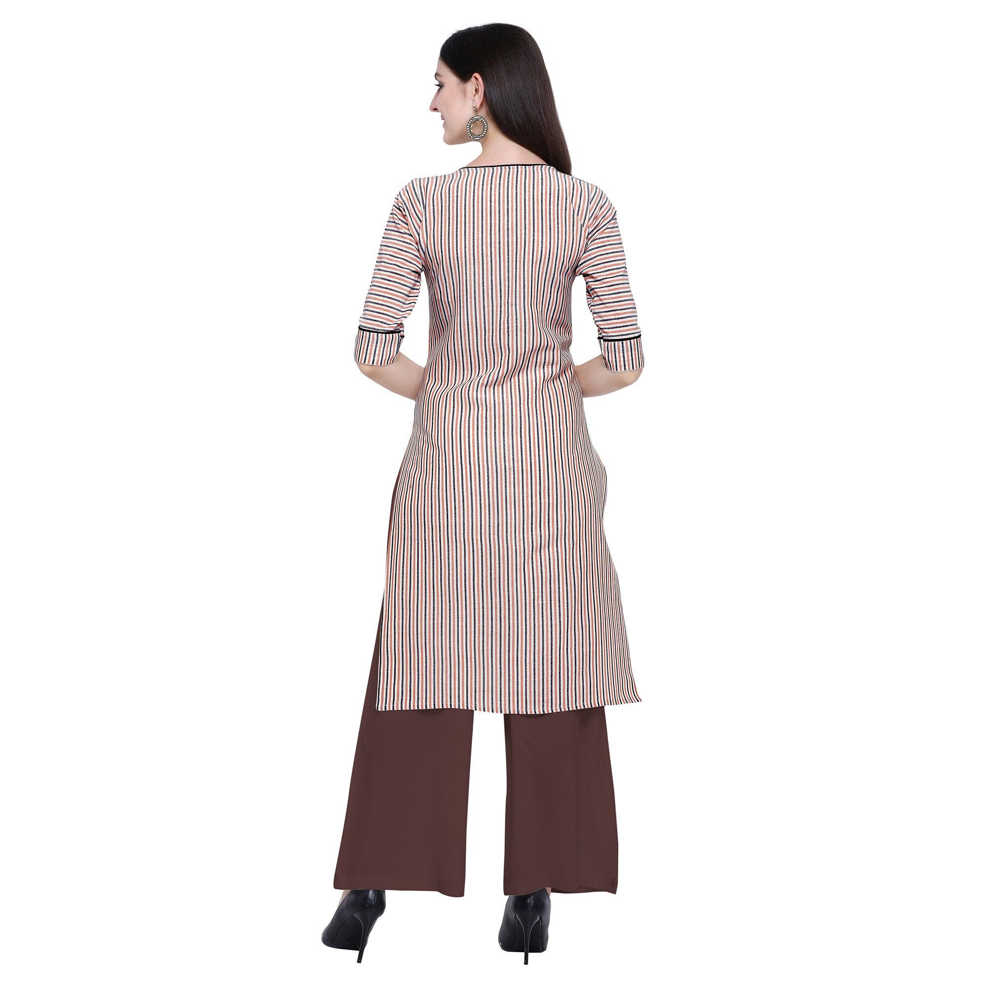 Desirable Off White Colored Casual Wear Embroidered Cotton Kurti-Palazzo Set - Peachmode