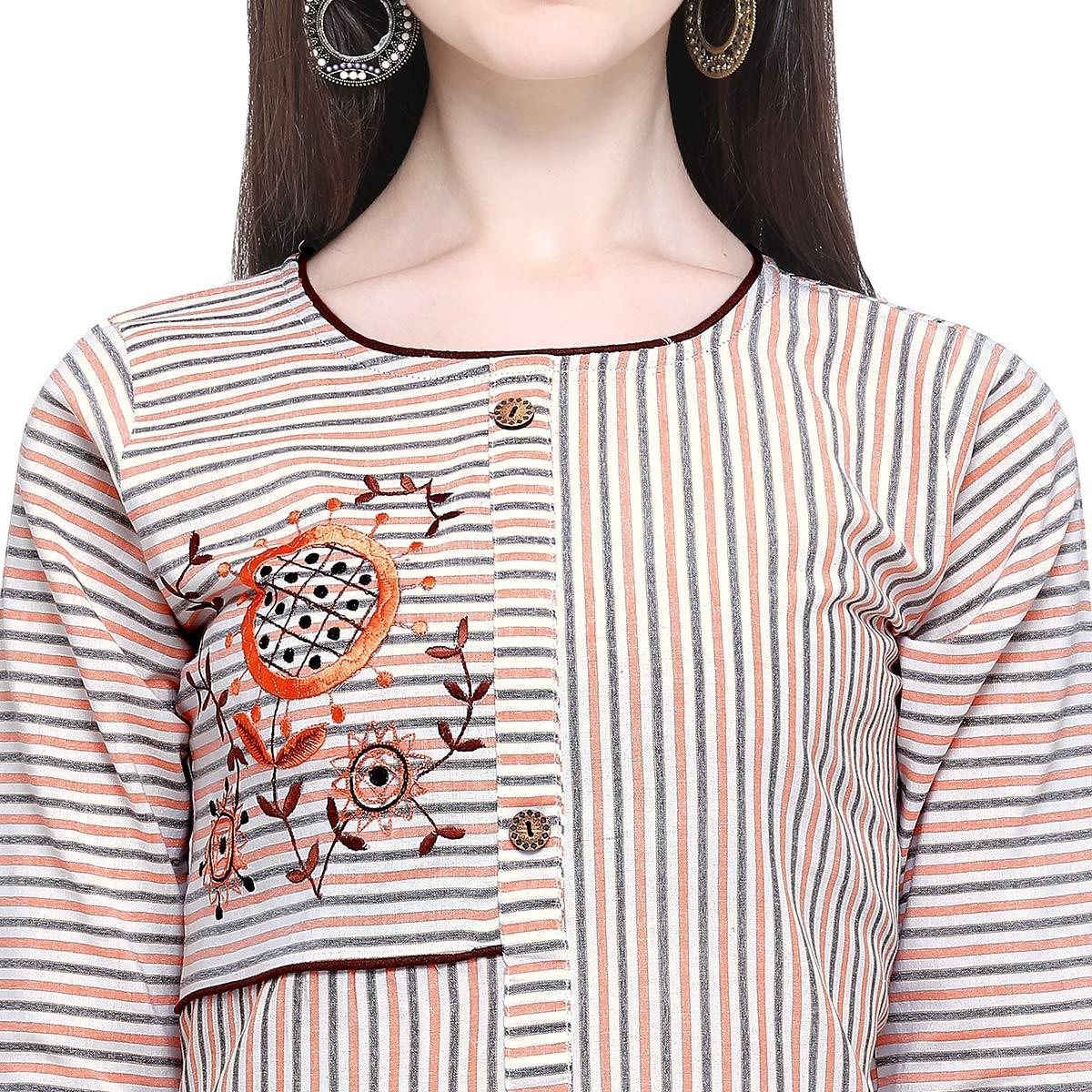Desirable Off White Colored Casual Wear Embroidered Cotton Kurti-Palazzo Set - Peachmode