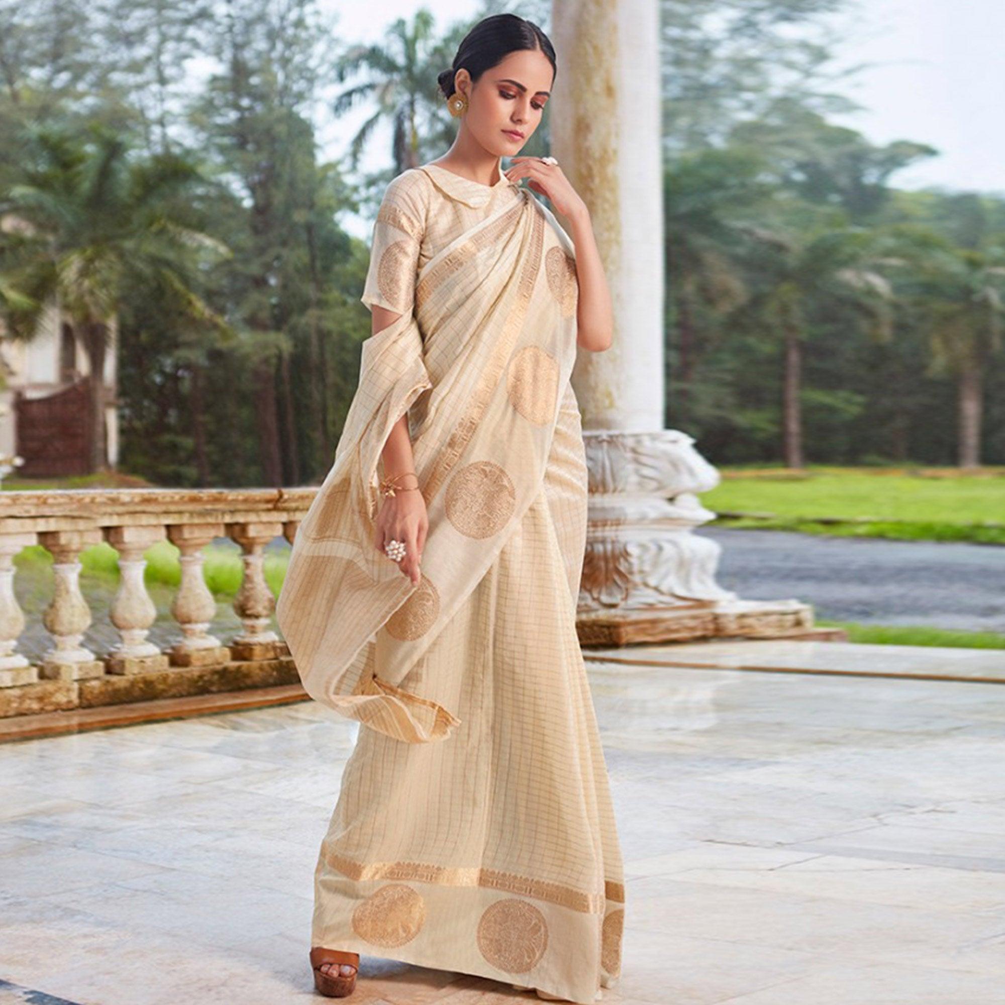 Desirable Offwhite Colored Festive Wear Woven Silk Saree - Peachmode
