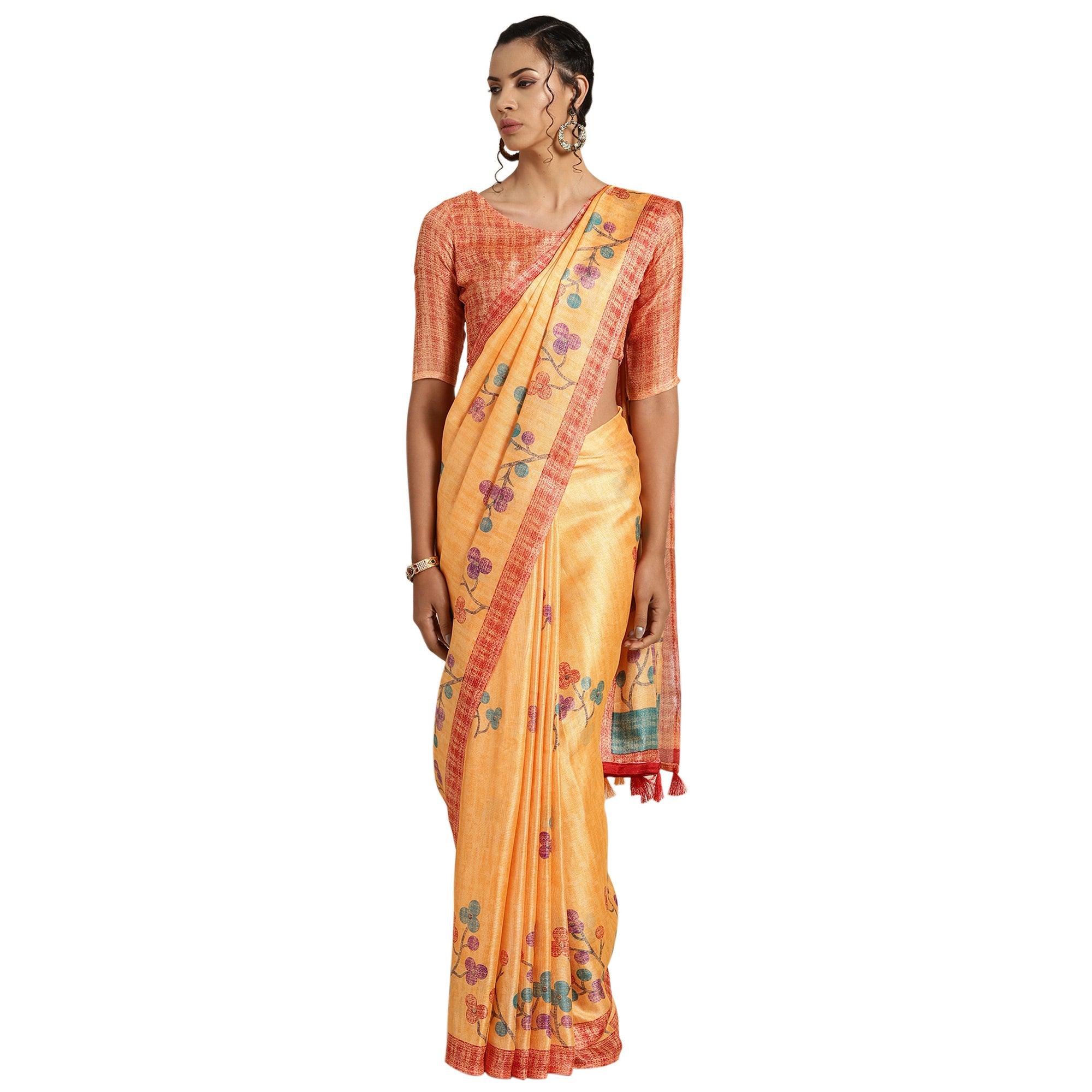Desirable Orange Colored Casual Printed Cotton Saree - Peachmode