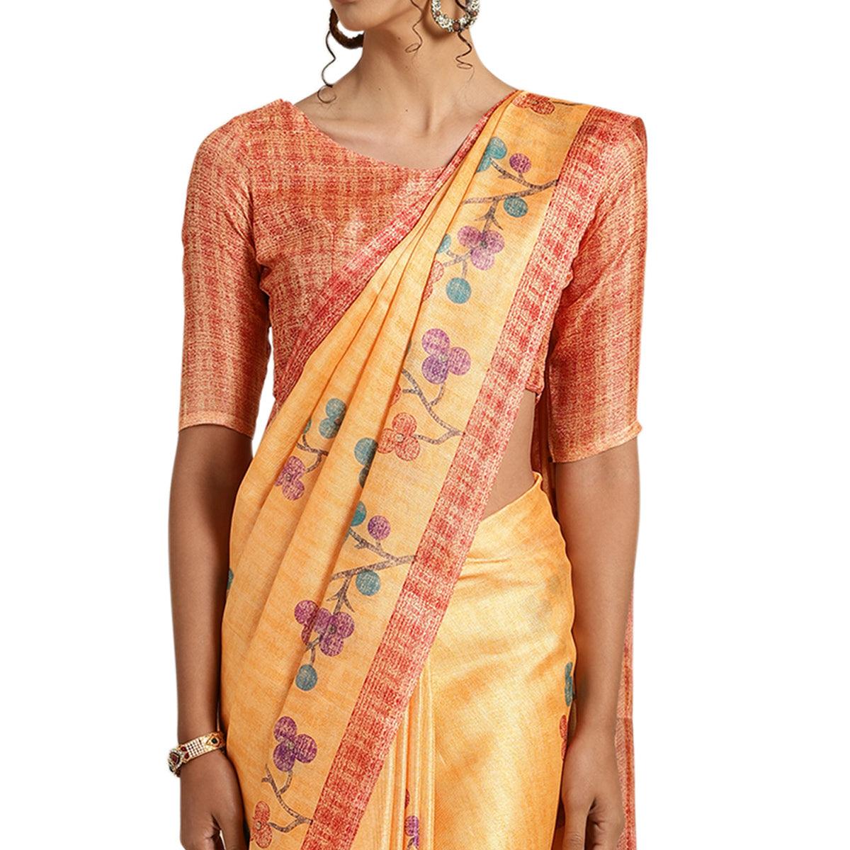Desirable Orange Colored Casual Printed Cotton Saree - Peachmode