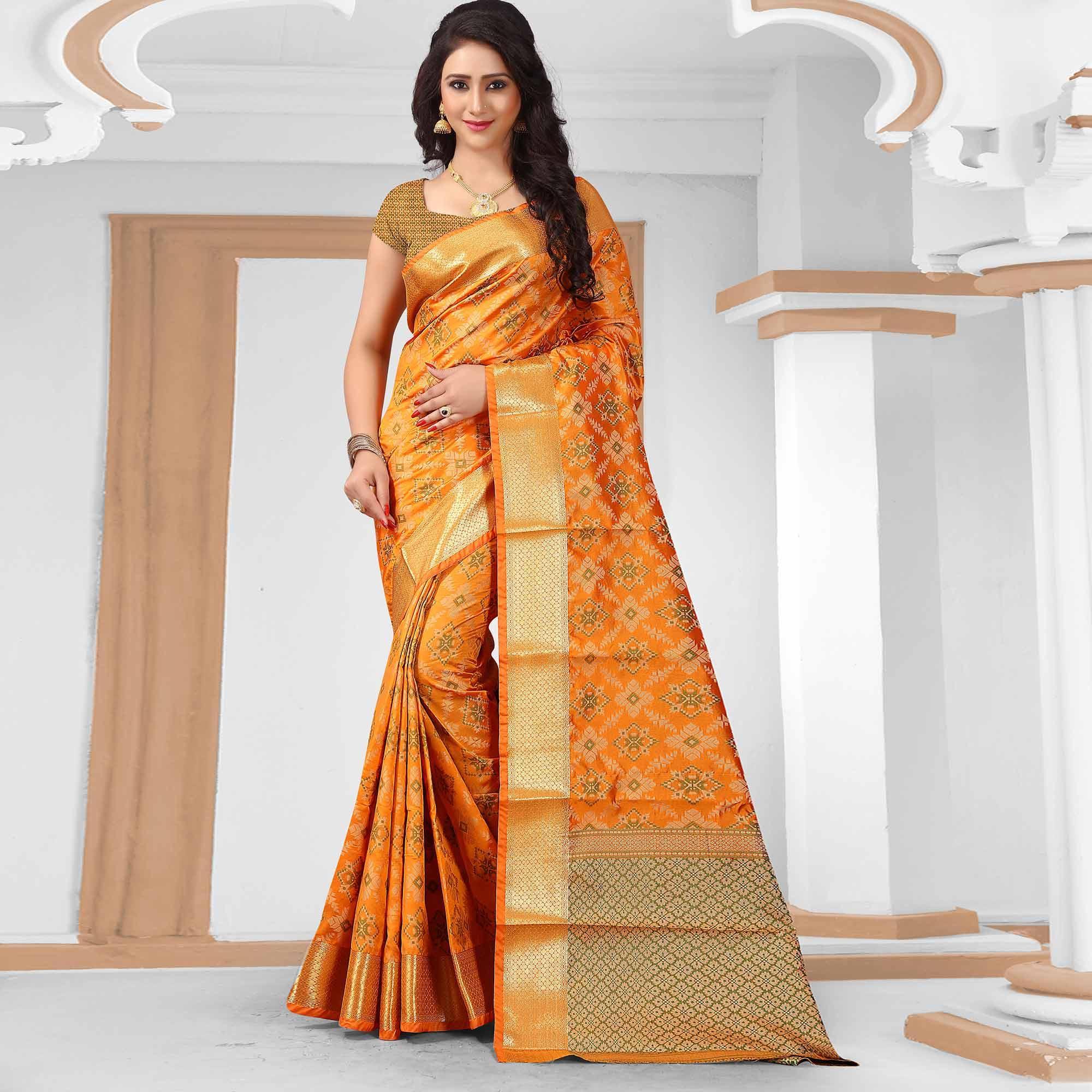 Desirable Orange Colored Festive Wear Woven Silk Saree - Peachmode