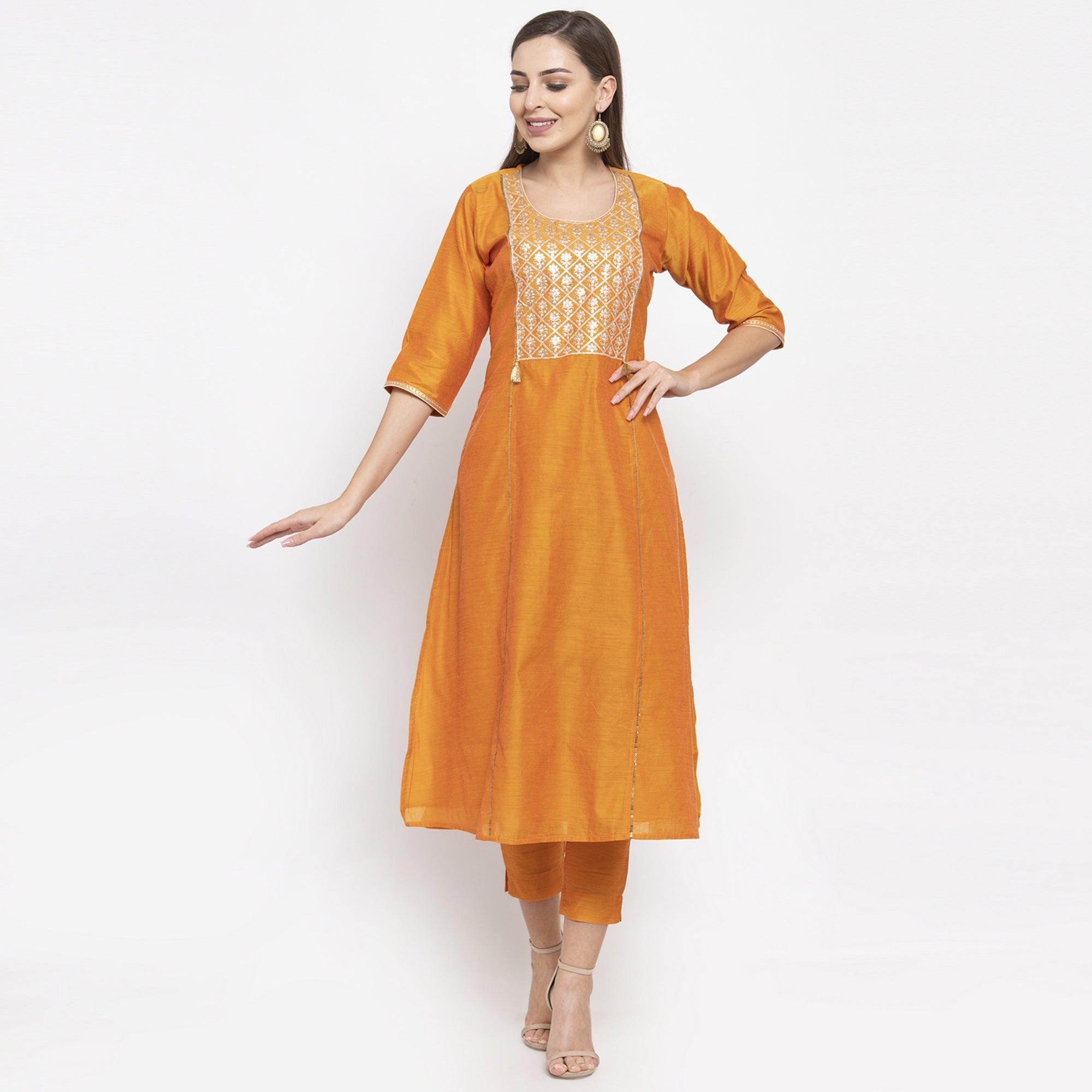 Desirable Orange Colored Party Wear Embroidered Calf Length A-Line Cotton-Chanderi Silk Kurti-Pant Set - Peachmode