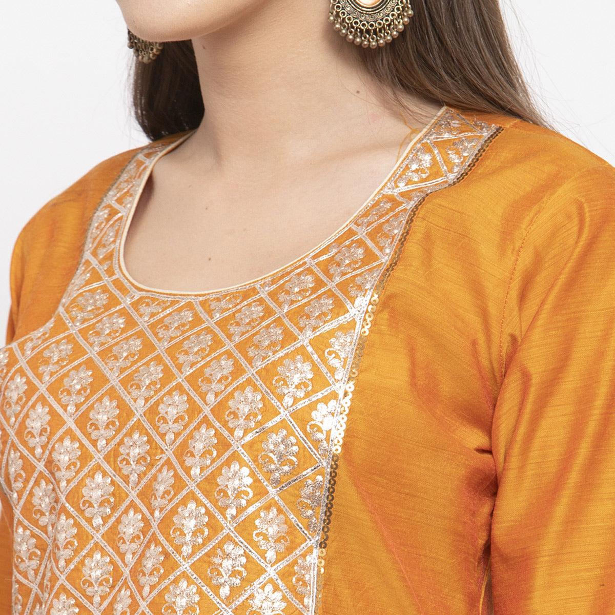 Desirable Orange Colored Party Wear Embroidered Calf Length A-Line Cotton-Chanderi Silk Kurti-Pant Set - Peachmode