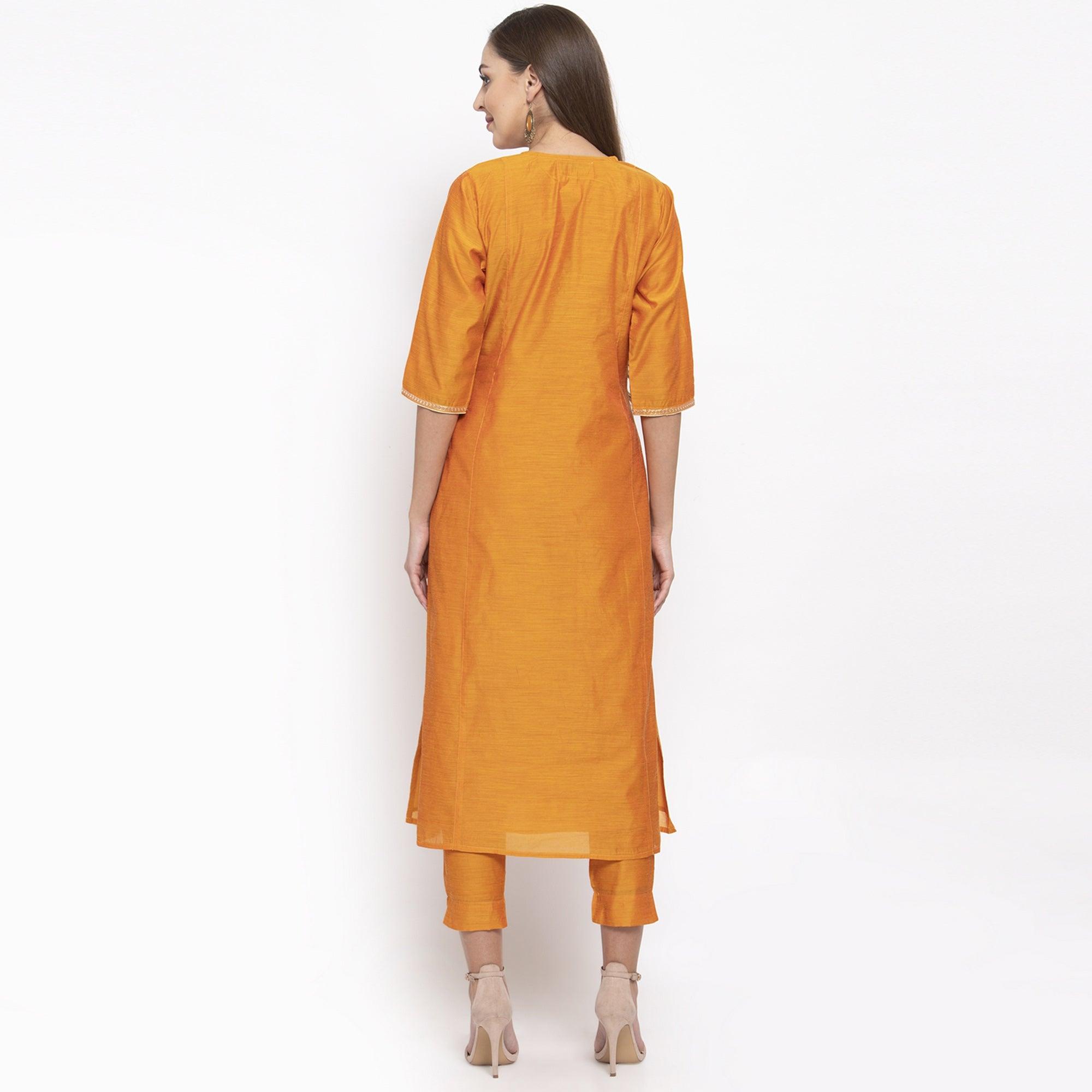 Desirable Orange Colored Party Wear Embroidered Calf Length A-Line Cotton-Chanderi Silk Kurti-Pant Set - Peachmode