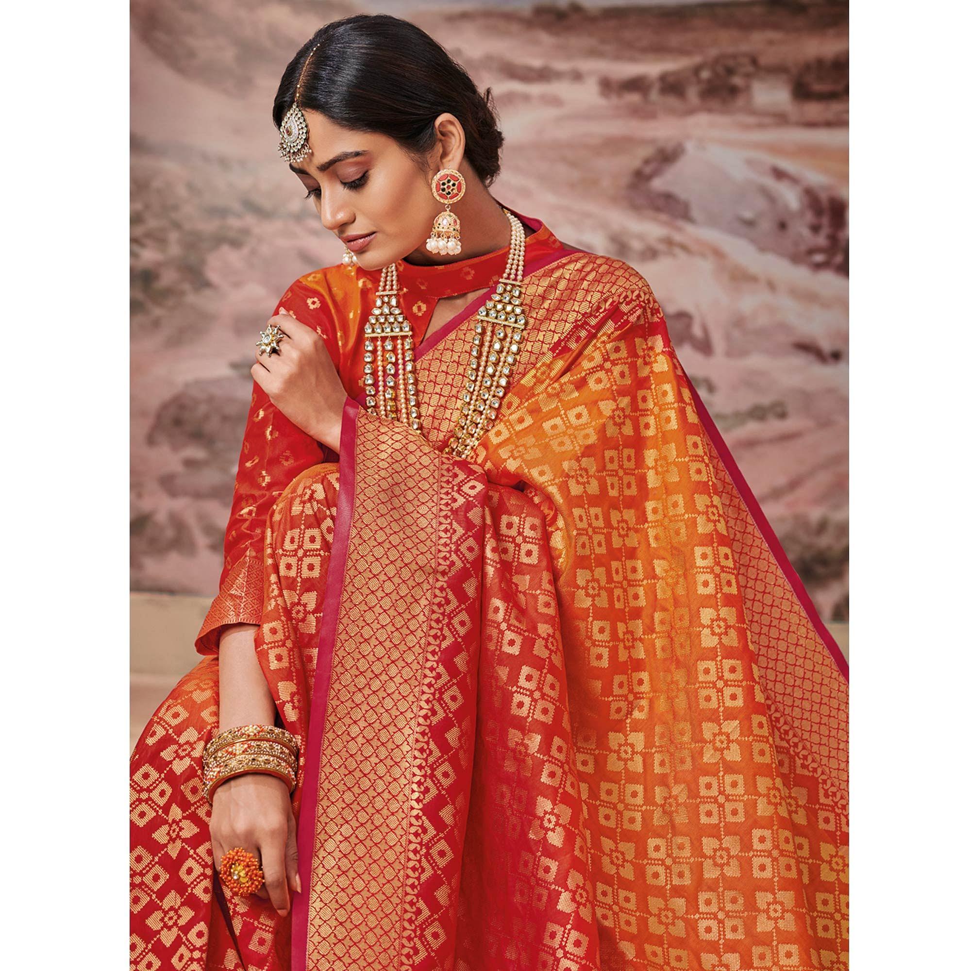 Desirable Orange-Red Colored Festive Wear Woven Silk Saree - Peachmode