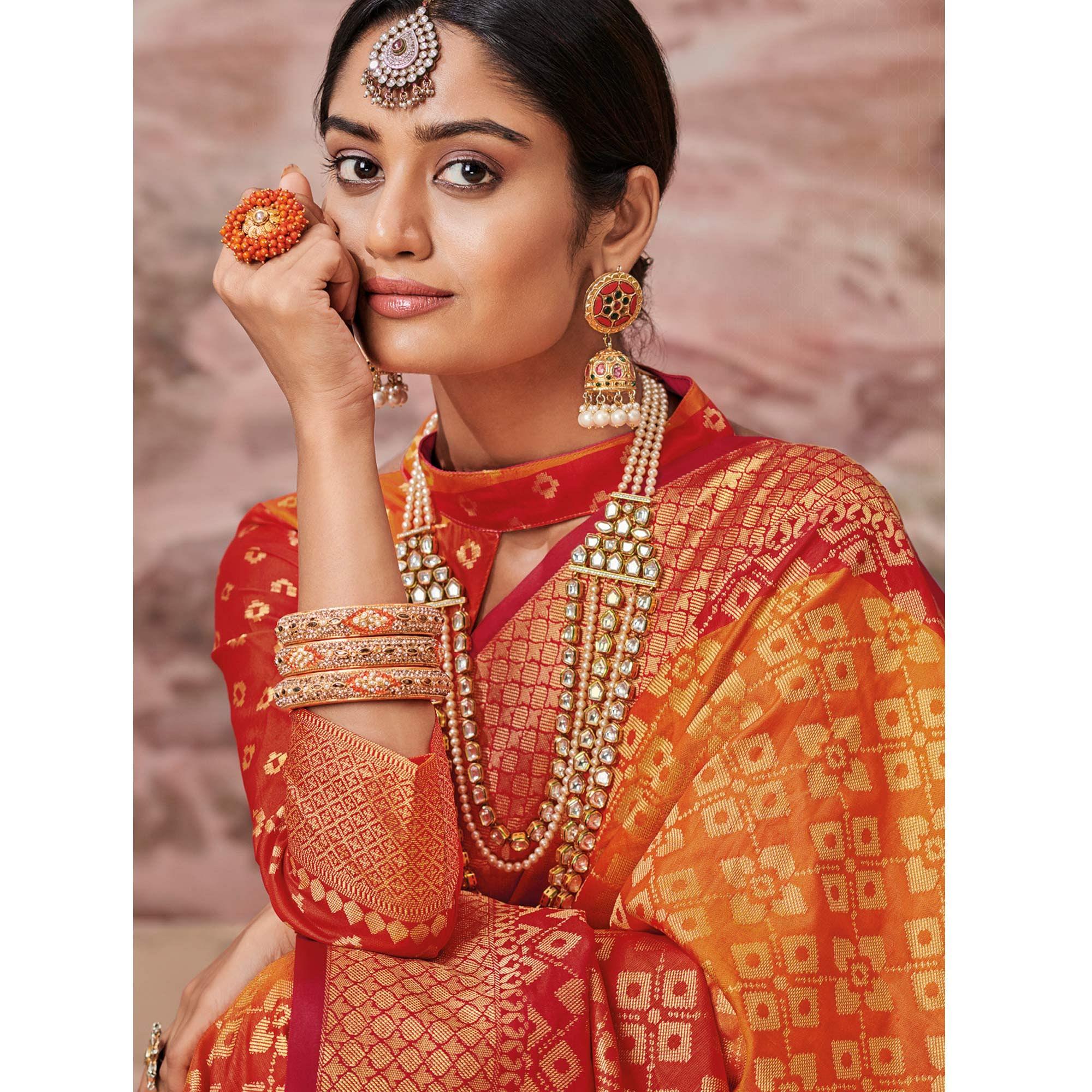 Desirable Orange-Red Colored Festive Wear Woven Silk Saree - Peachmode