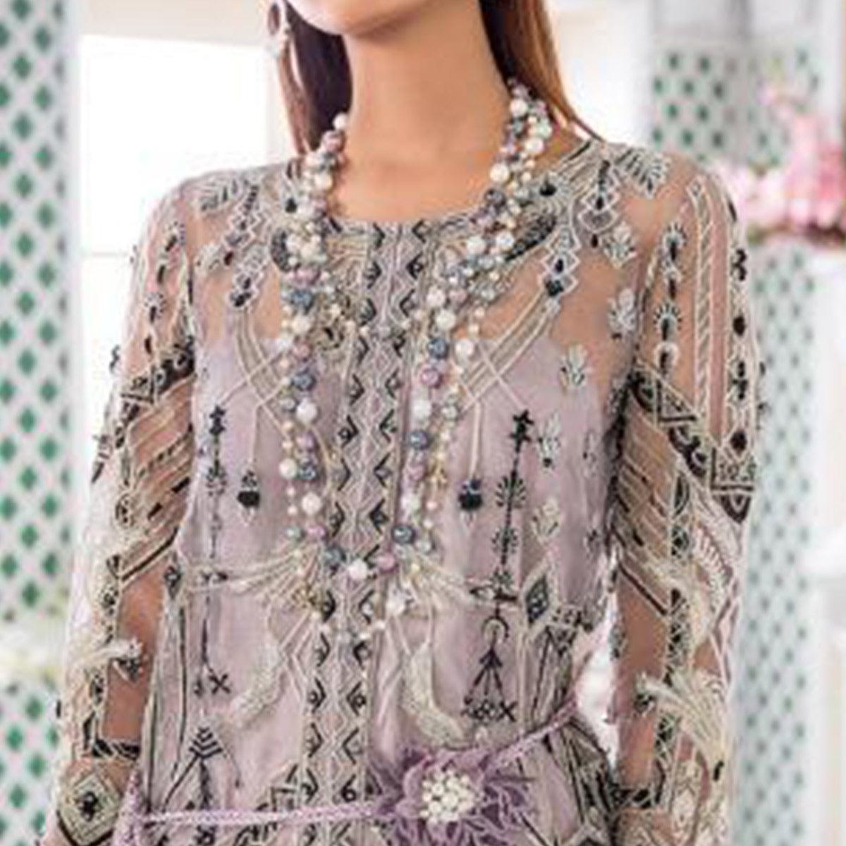 Desirable Pastel Purple Colored Party Wear Embroidered Net Palazzo Suit - Peachmode