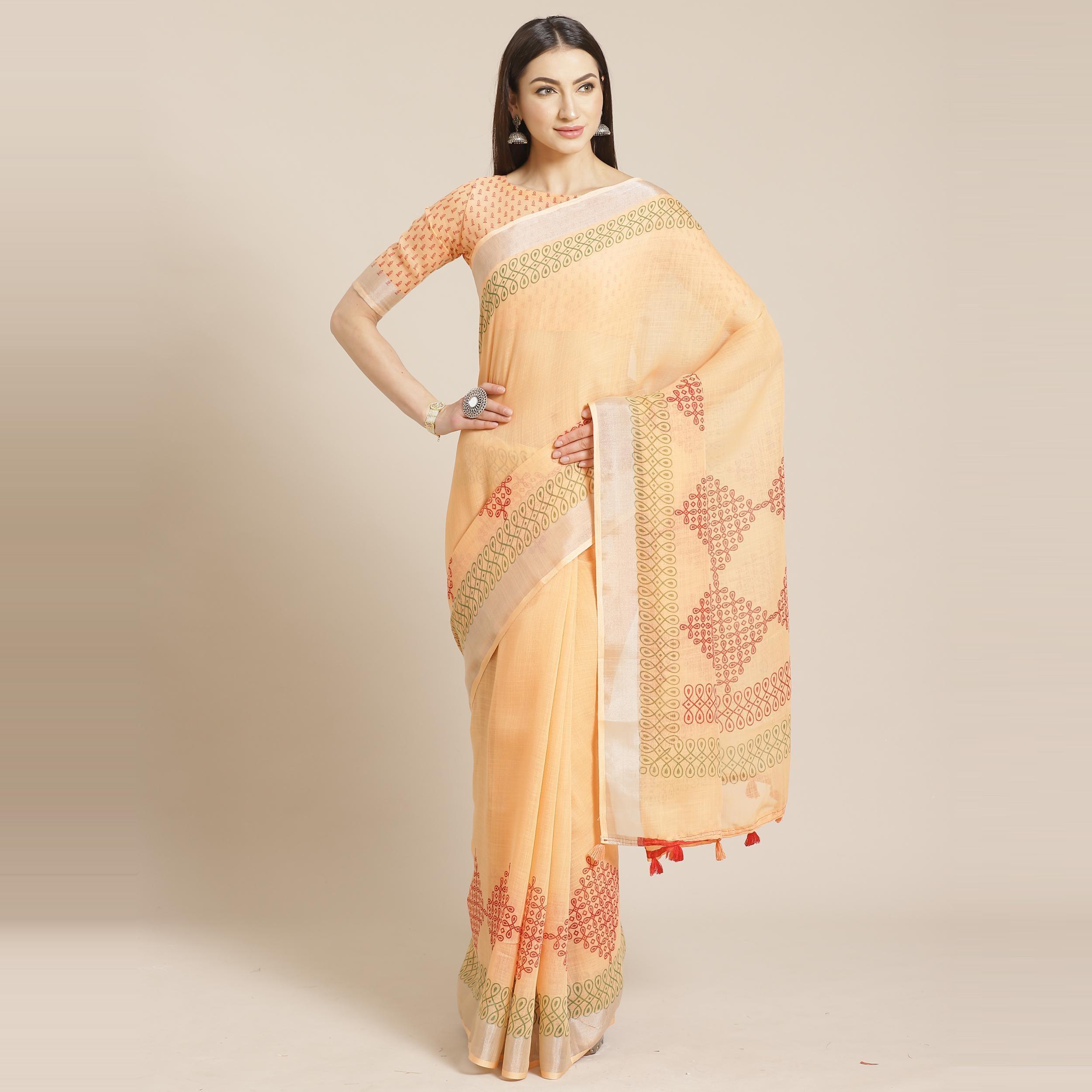 Desirable Peach Colored Casual Wear Printed Linen Saree - Peachmode