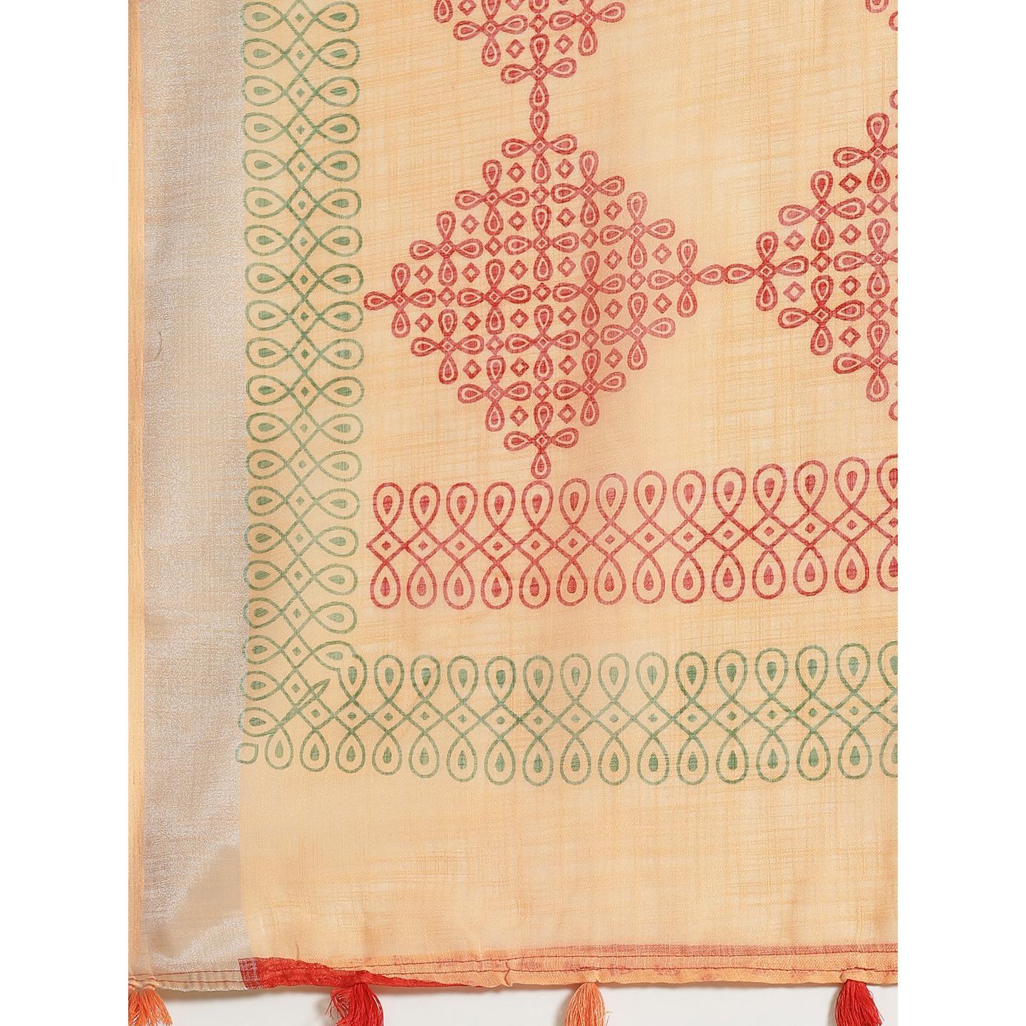 Desirable Peach Colored Casual Wear Printed Linen Saree - Peachmode
