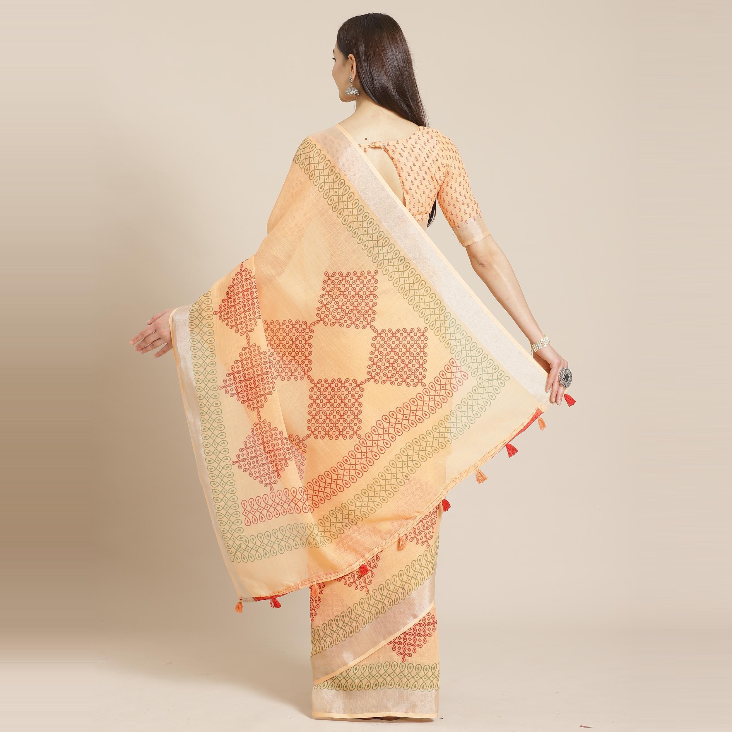 Desirable Peach Colored Casual Wear Printed Linen Saree - Peachmode