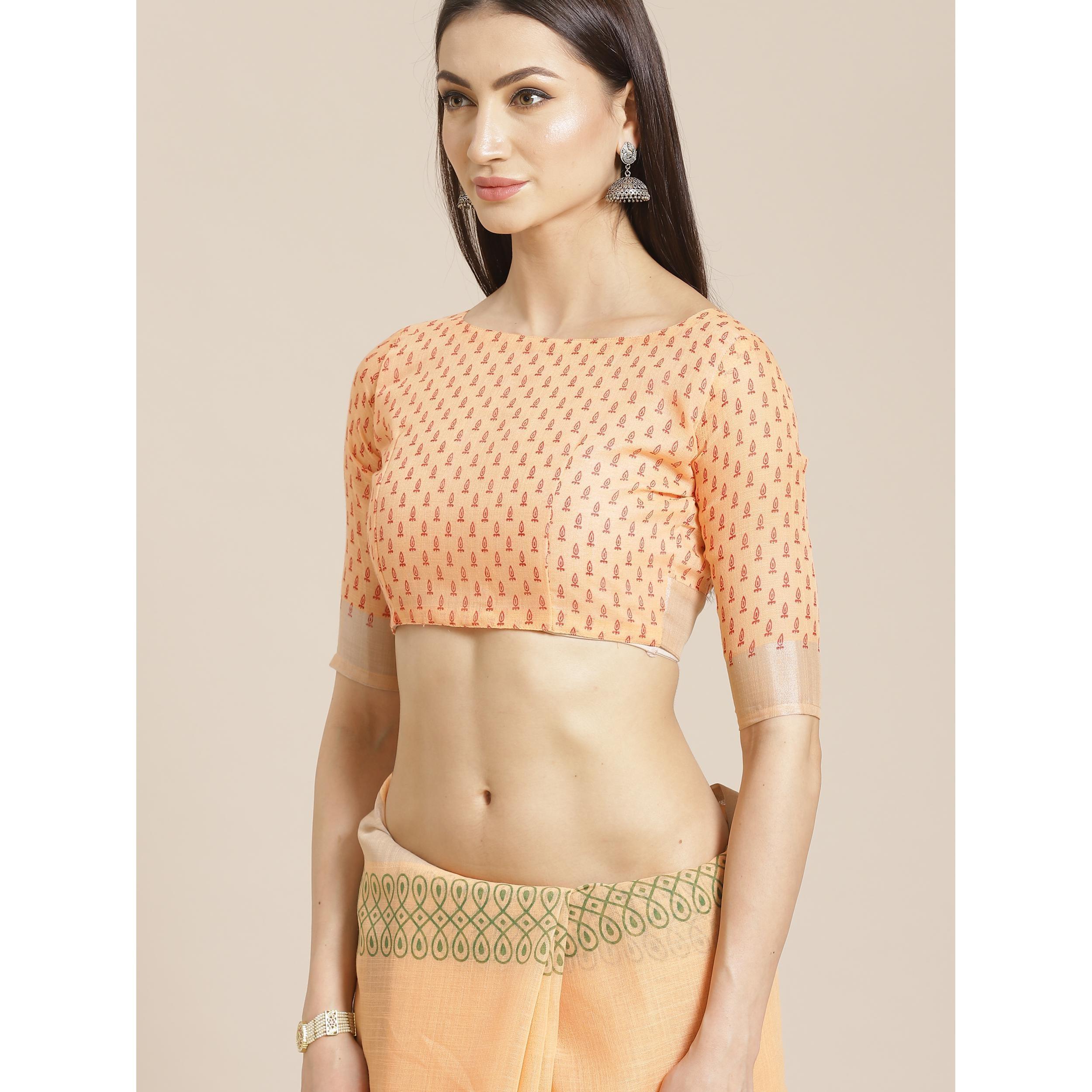 Desirable Peach Colored Casual Wear Printed Linen Saree - Peachmode