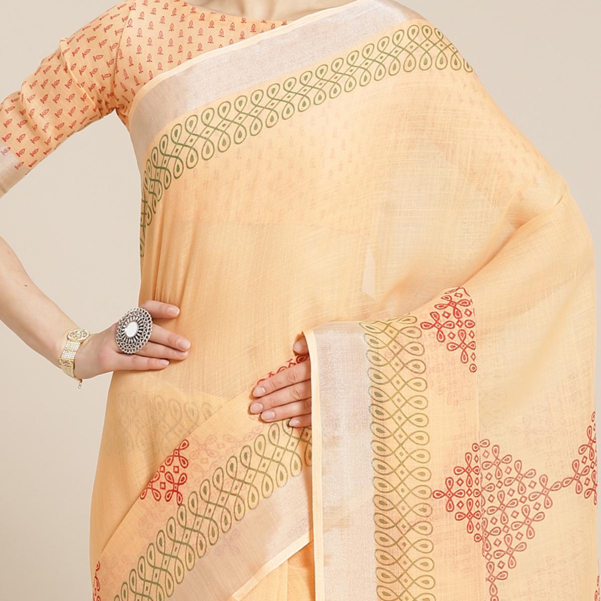Desirable Peach Colored Casual Wear Printed Linen Saree - Peachmode