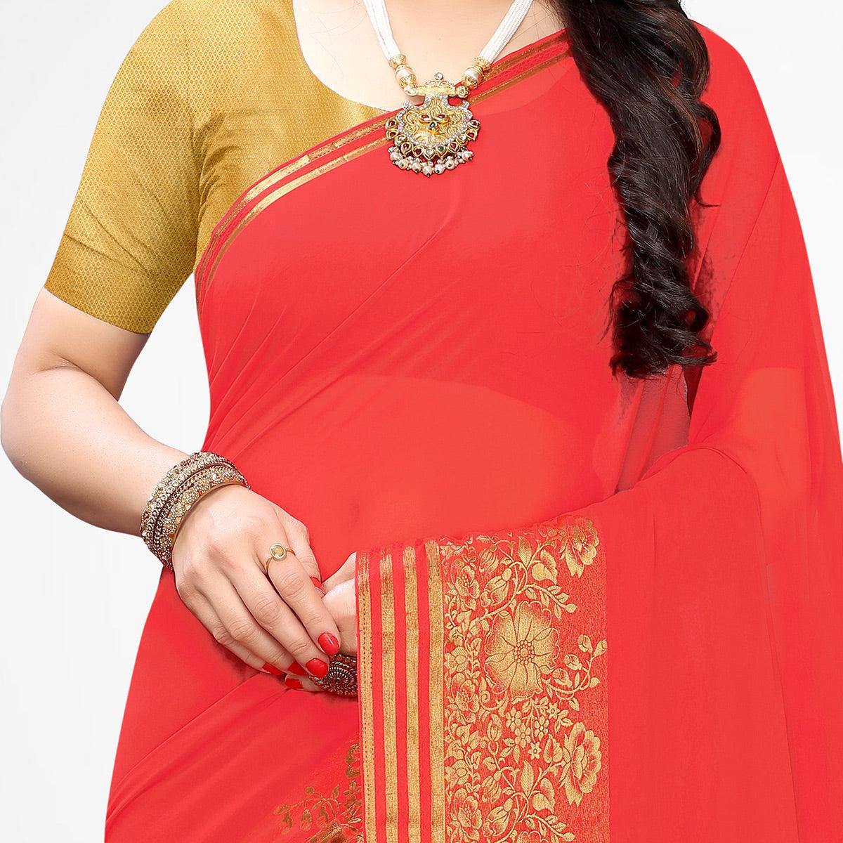 Desirable Peach Colored Festive Wear Woven Chiffon Saree - Peachmode