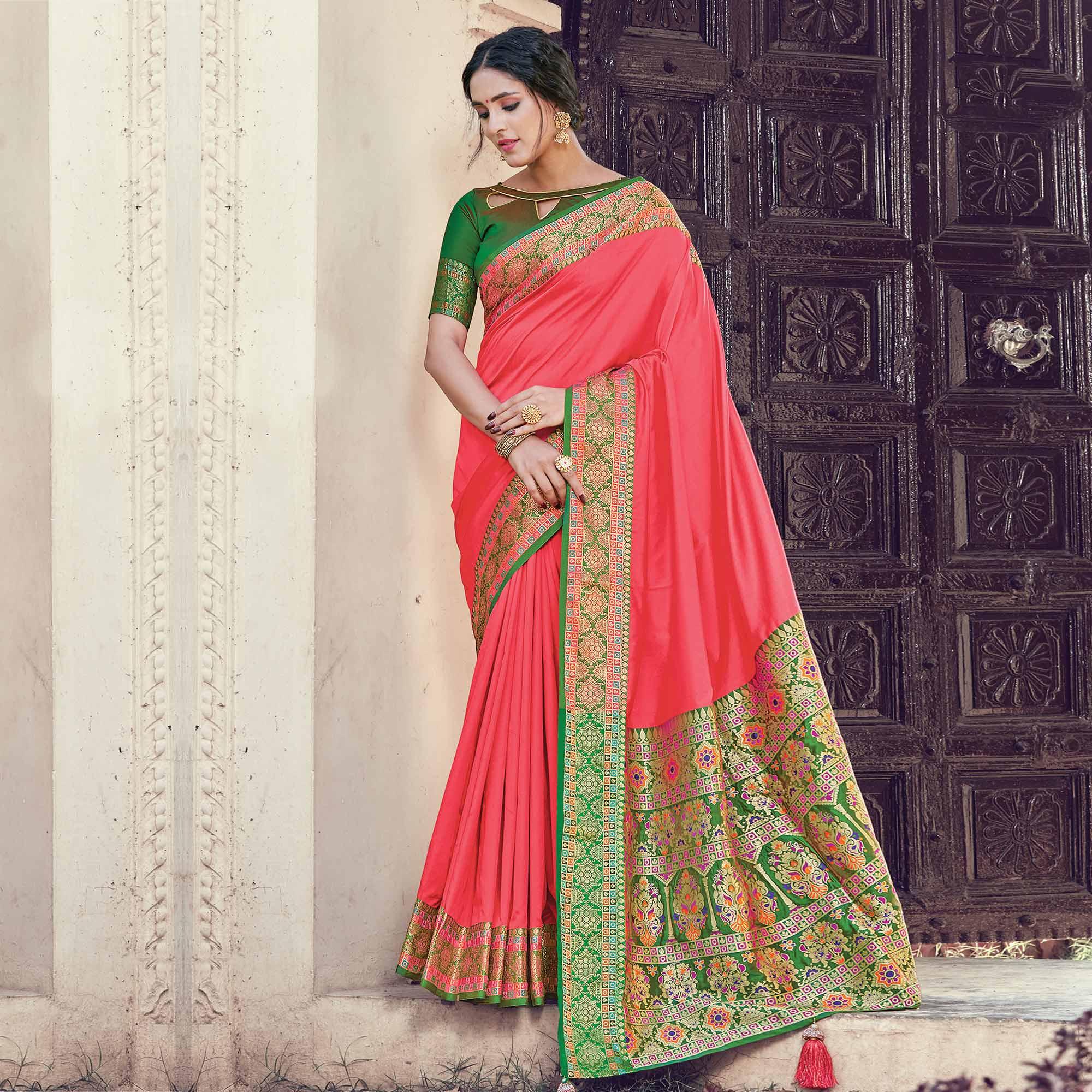 Desirable Peach Coloured Partywear Woven Silk Saree - Peachmode